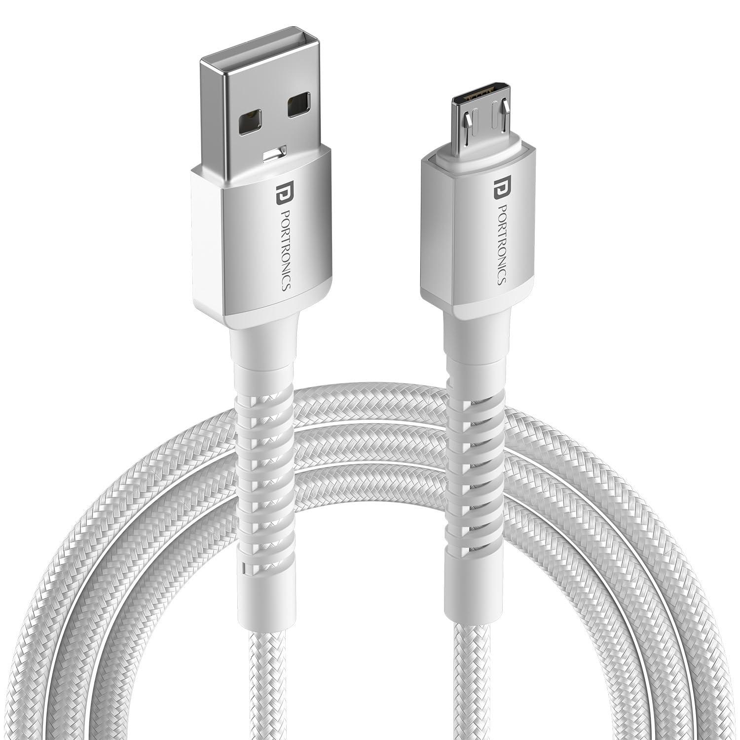 Portronics Konnect X USB-A to Micro USB Fast Charging Cable With Max 3A Output,Fast Charging & Data Transfer, Nylon Braided, Aluminium Alloy Shell, 1M Length compatible with Micro usb Devices(White)