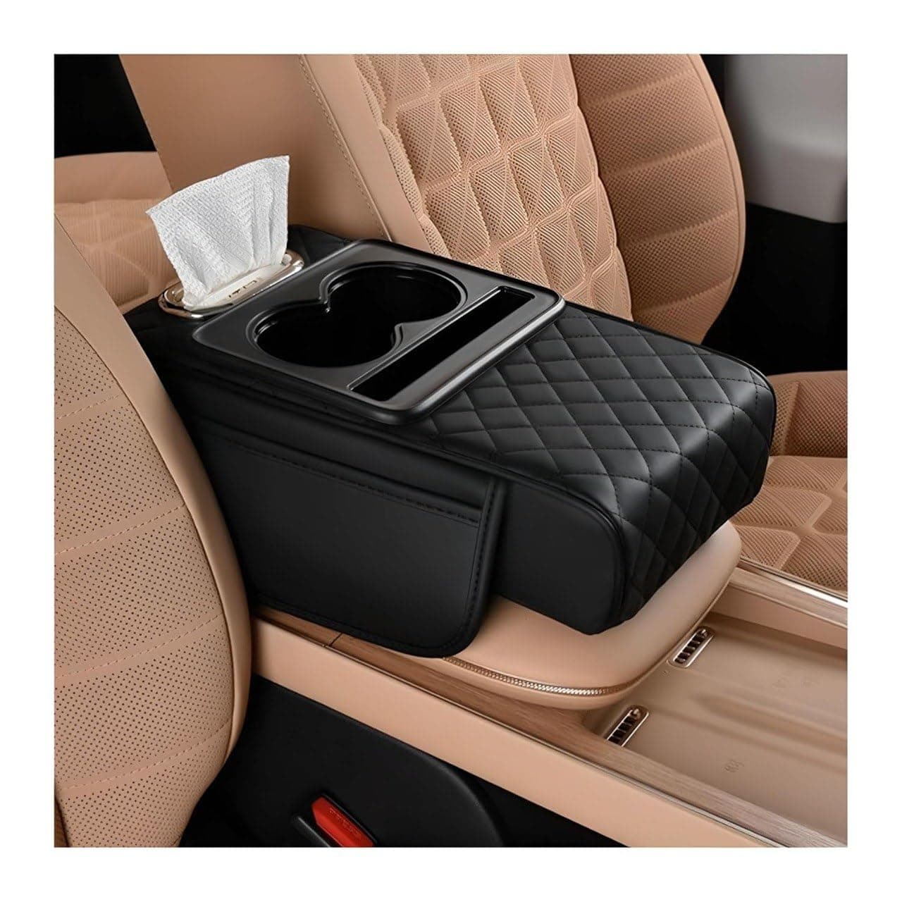 SHIV SHATKTI ENTERPRISE 5 in 1 Center Console Cover with Cup Holder, Universal fit for all Car Armrest Cushion, Tissue Box Slot, Mobile Phone Storage Slot, Car Accessories Interior Organizers