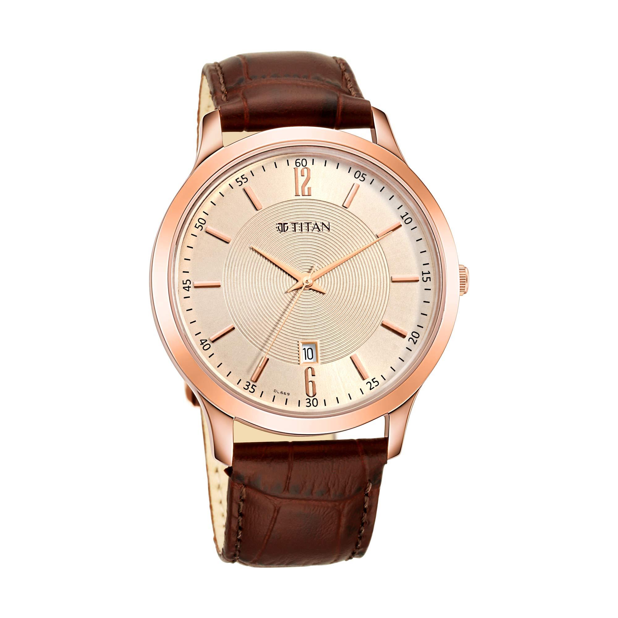 Titan Quartz Analog with Date Champagne Dial Brown Leather Strap Watch for Men - NT1825WL02