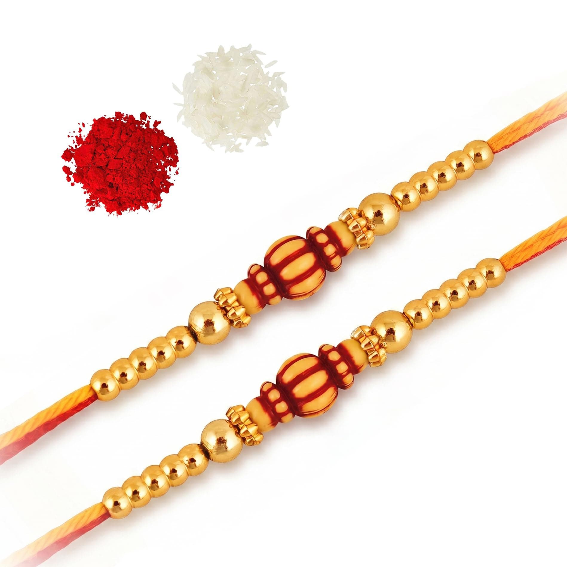Lucky Jewellery Set of 2 Traditional Gold Beaded Designer Rakhi for Brother with Auspicious Roli Chawal (18-S8R1-PA0213-2)