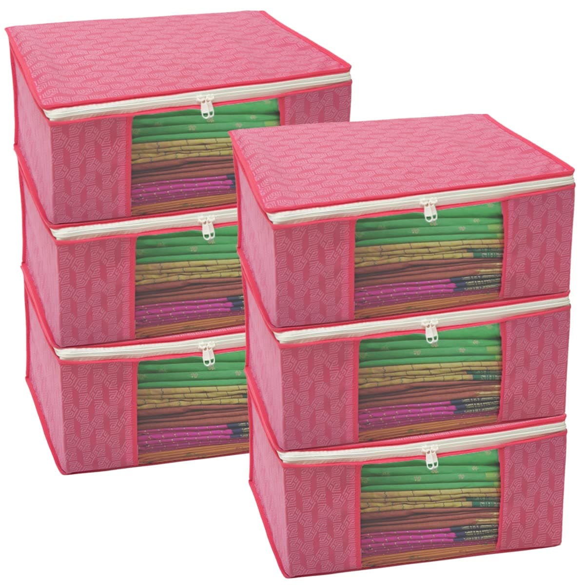 HomeStrap Set of 6 Non-Woven Printed Saree Cover/Cloth Storage/Organizer with Transparent Window (Pink, Featured on Shark Tank, 33.5 cm, 22 cm)