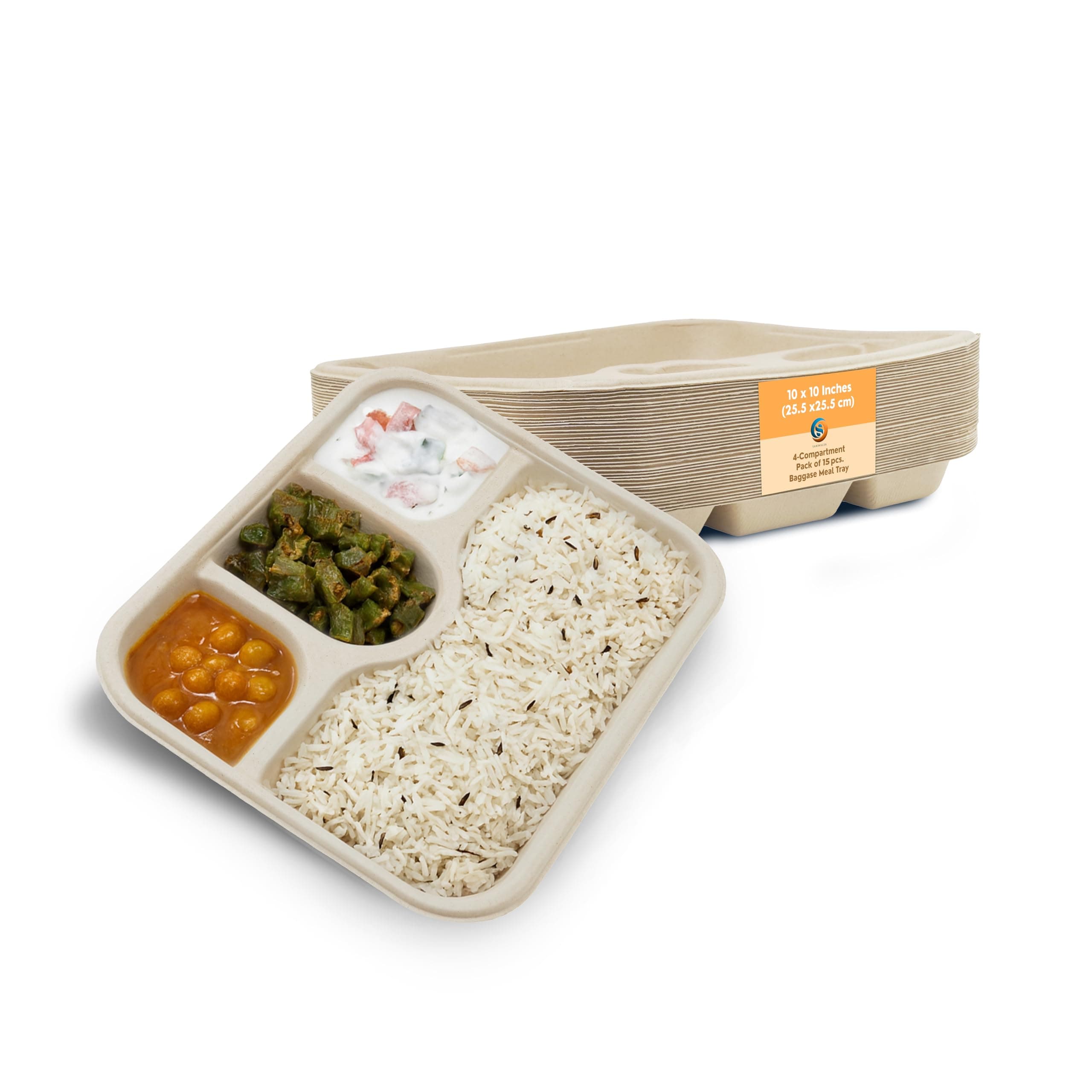 SANWALSA [4-Compartment, 15 Count, Beige Disposable Bagasse Plates | Eco-Friendly Sugarcane Meal Tray for Wedding, Party, Picnic, Event | Mess-Free Sections