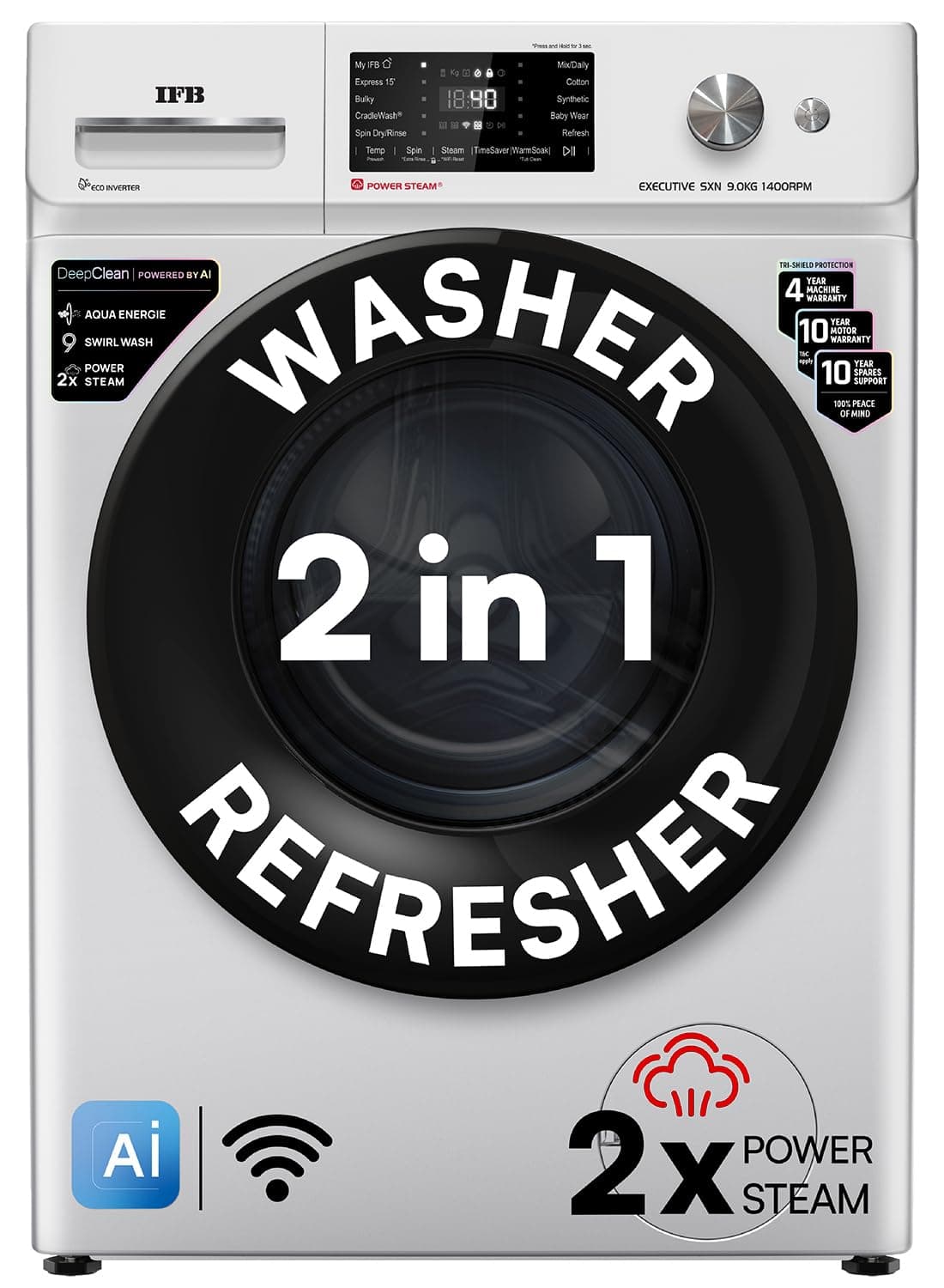 IFB 9 Kg 5 Star, DeepClean® Tech, AI Powered, WiFi, Fully Automatic Front Load Washing Machine (EXECUTIVE SXN 9014K CMS, PowerSteam®, 9 Swirl, Steam Refresh, Inbuilt Heater, Eco Inverter, Rich Silver)