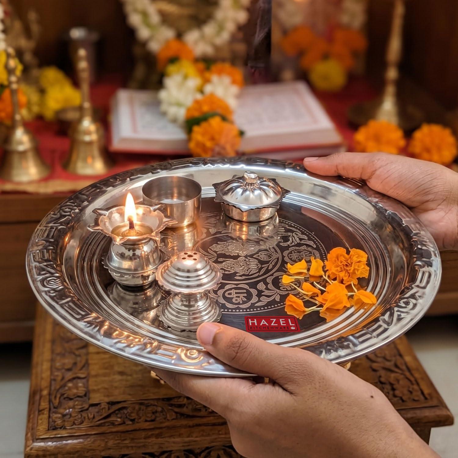 HAZEL Stainless Steel Complete Pooja Thali Set | Lakshmi Ganesh Engraved Shubh Labh Aarti Thali for Home Mandir Temple