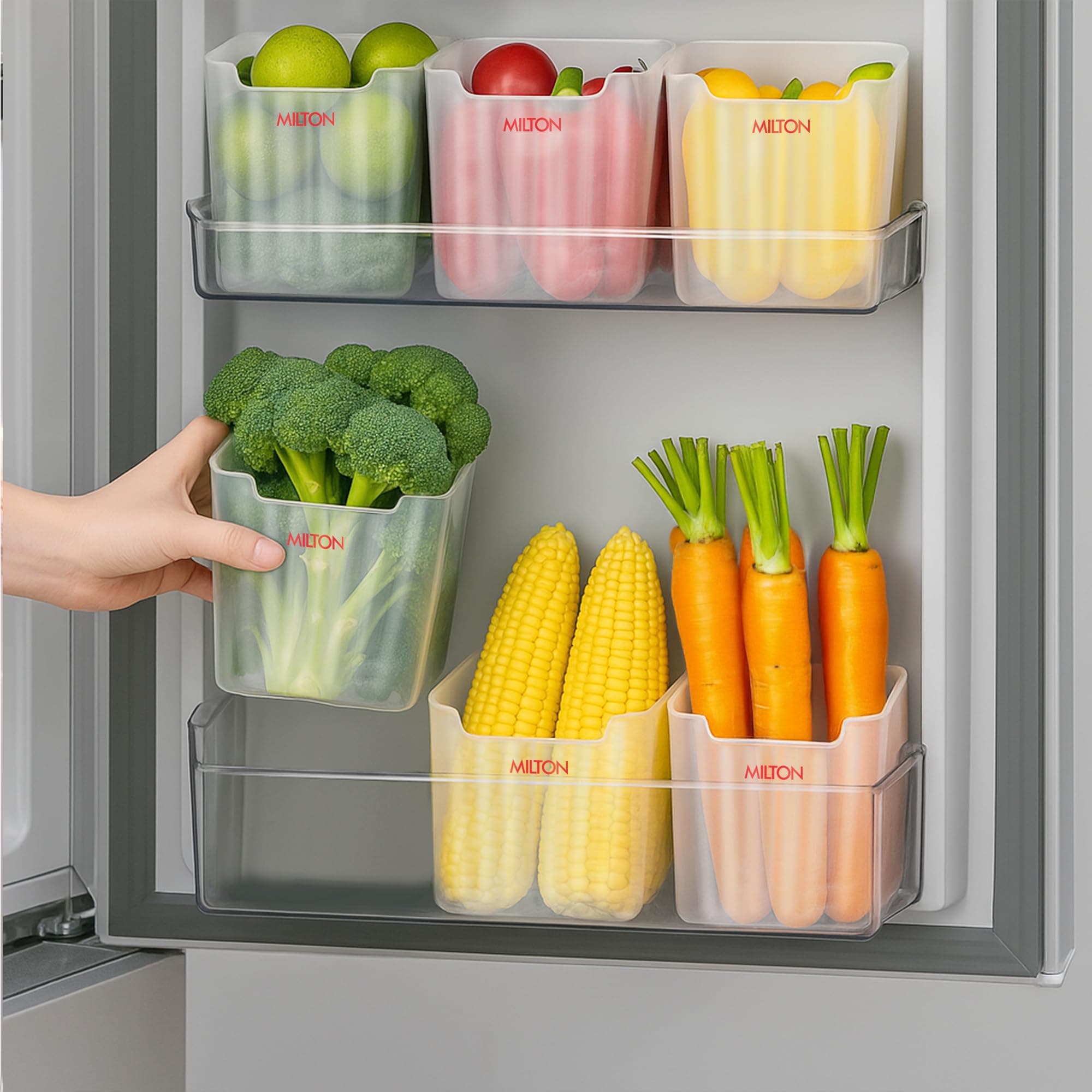 MILTON Cryo Fridge Storage Containers for Door - Set of 6, Stackable, Space-Saving Transparent Plastic Containers with Waterproof Stickers, Multipurpose Kitchen Organizer for Fruits, Vegetables & More