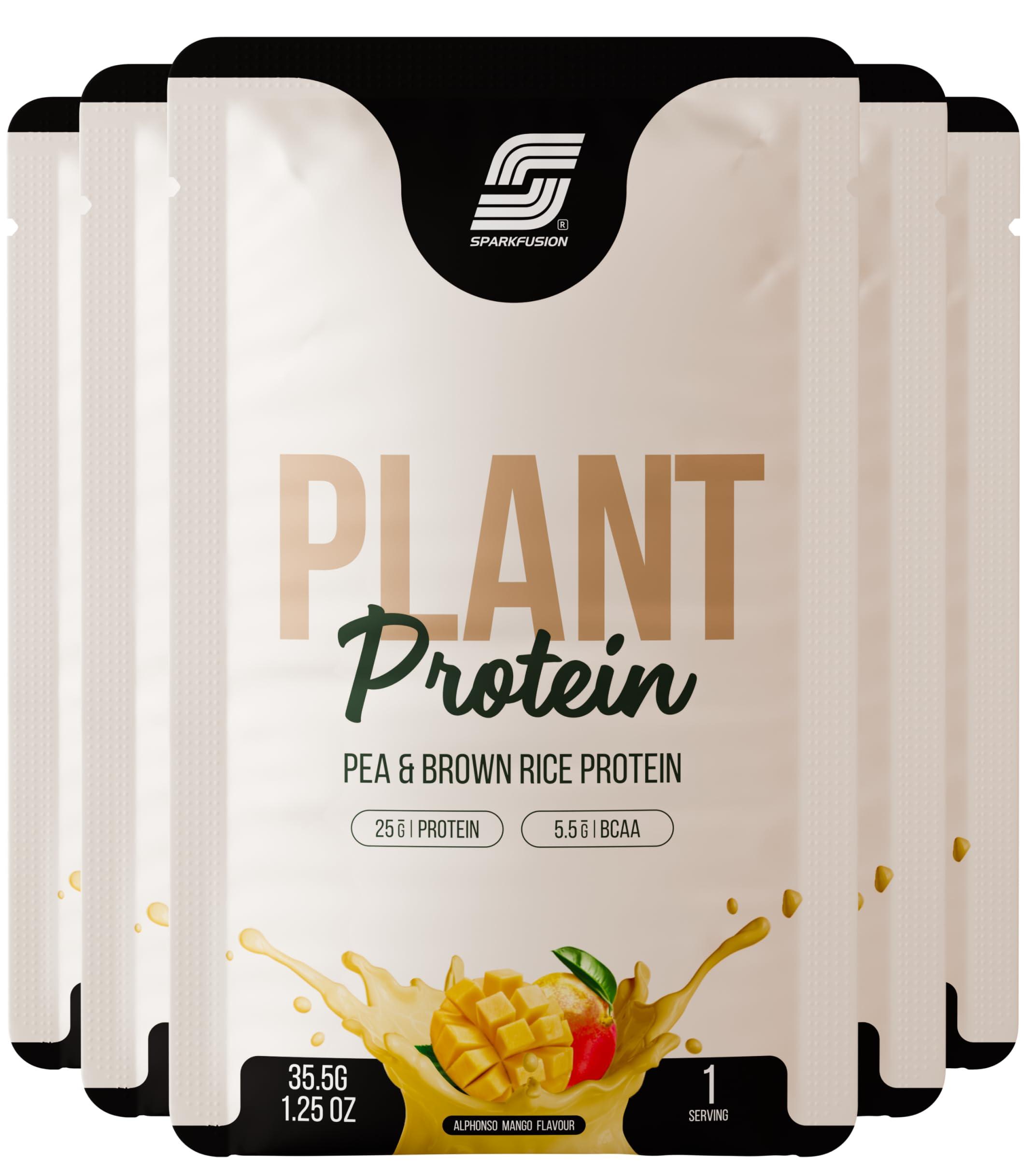 Sparkfusion Plant Protein Powder Isolated Pea & Brown Rice Protein | 25g Protein per Sachet | 5.5g BCAA | Vegan, Gluten Free & Sugar Free | Alphonso Mango Flavour | Pack of 10 Sachets