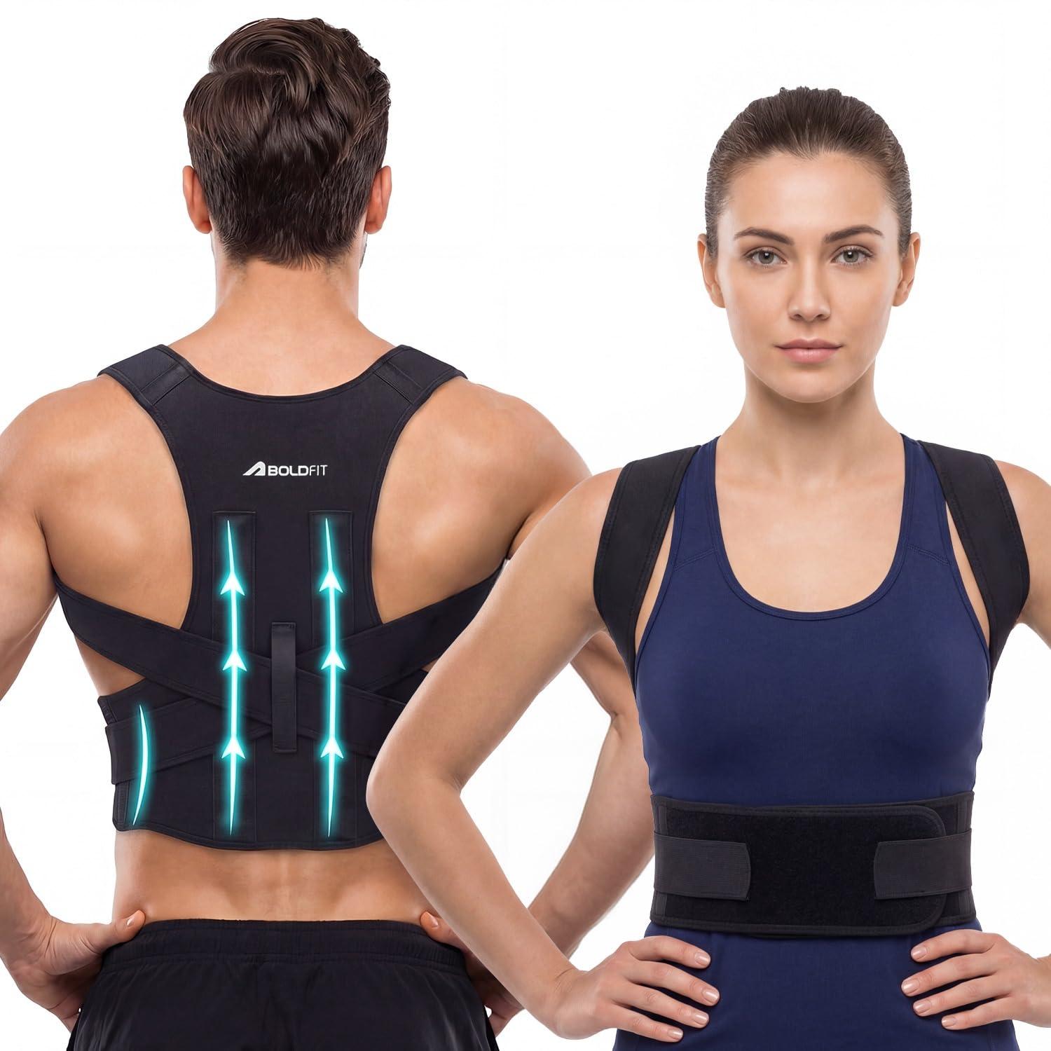 Boldfit Posture Corrector Belt for Men & Women, Adjustable Back Brace for Upper Back & Shoulder Support, Breathable Back Straightener Belt with Soft Pads for Neck & Back Pain