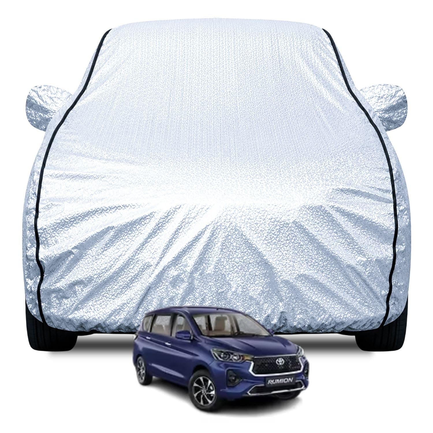 FABTEC Waterproof Car Body Cover for Maruti Ertiga (2012-2017) with Mirror Pocket, Soft Cotton Lining, Triple Stitched (Heat Resistant Metallic Silver with Black Piping)