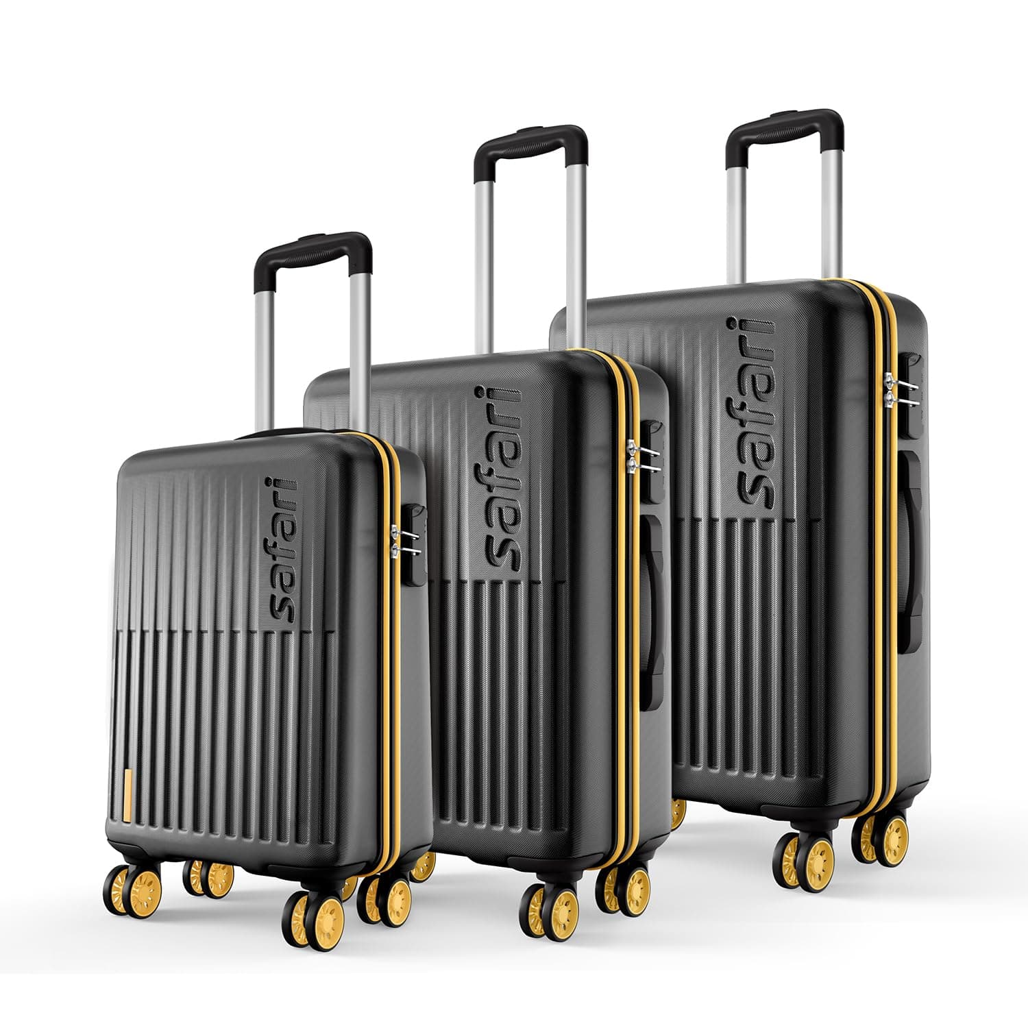 Safari Astra Neo 8 Wheels Set of 3 Trolley Bags, Hard Case Polycarbonate, 360 Degree Wheeling Carry on & Check-in Luggage for Men & Women, Suitcase for Travel, Trolley Bags for Travel, Black