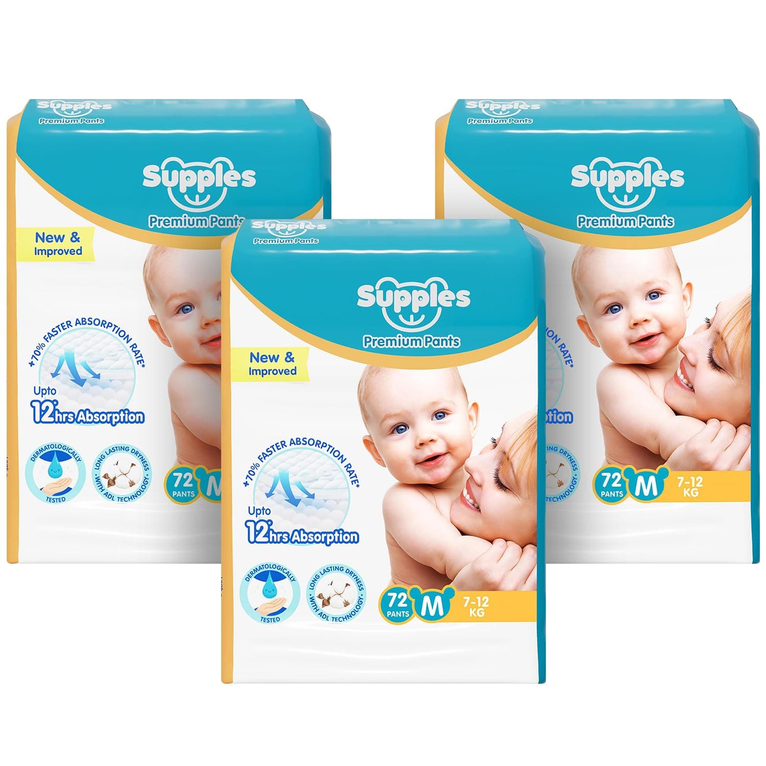 Amazon Brand - Supples Premium Baby Diaper Pants | 216 Baby Diapers | Medium | 7-12 Kg | 72 x 3 Packs | 12 Hrs Absorption | Cushiony Cotton Soft Fabric | Phthalates-Free | Triple Leak Guard