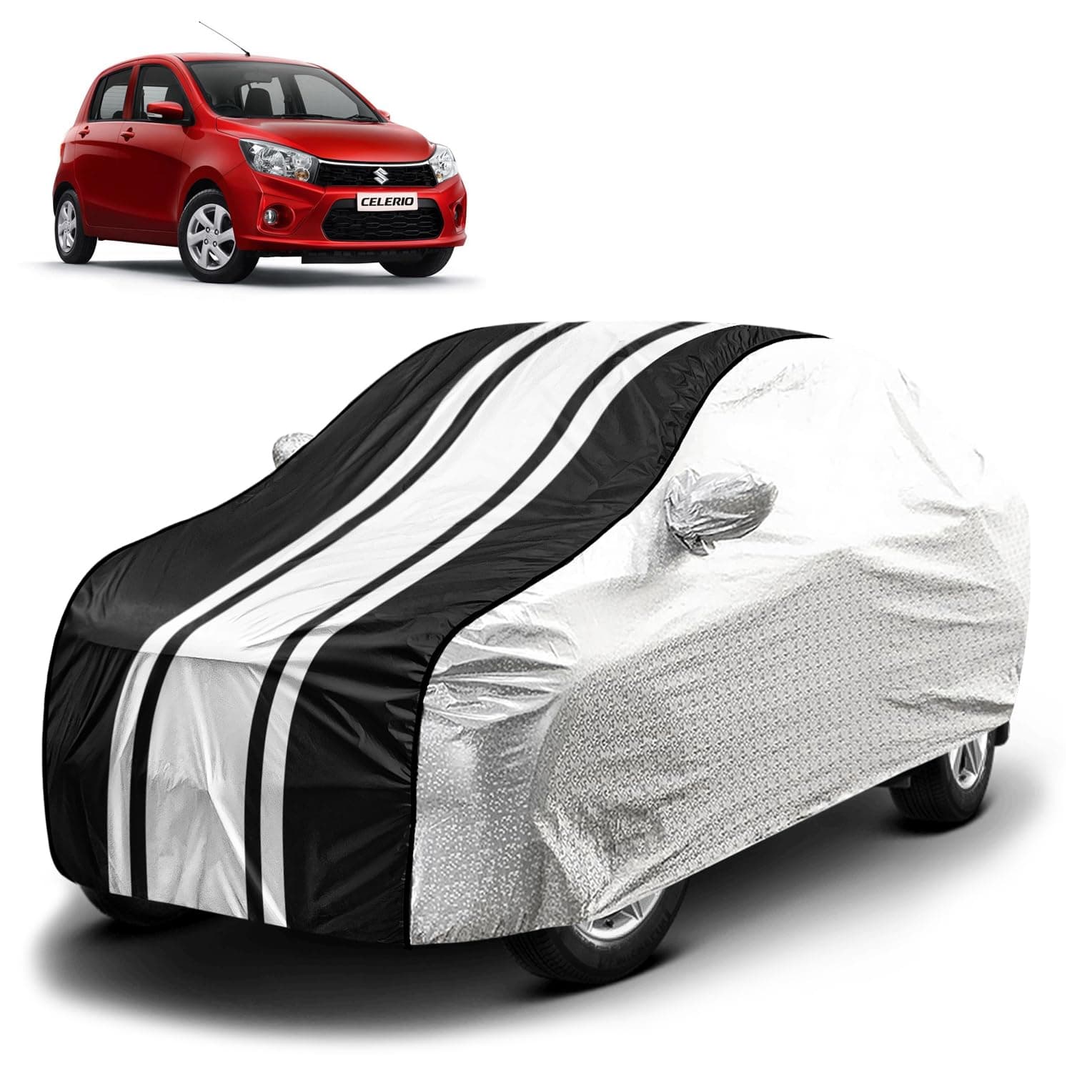 Fabtec Waterproof Car Body Cover for Maruti Celerio with Mirror Pocket and Soft Cotton Lining, Bottom Elastic, Triple Stitched (Metallic Silver with Black Stripes)