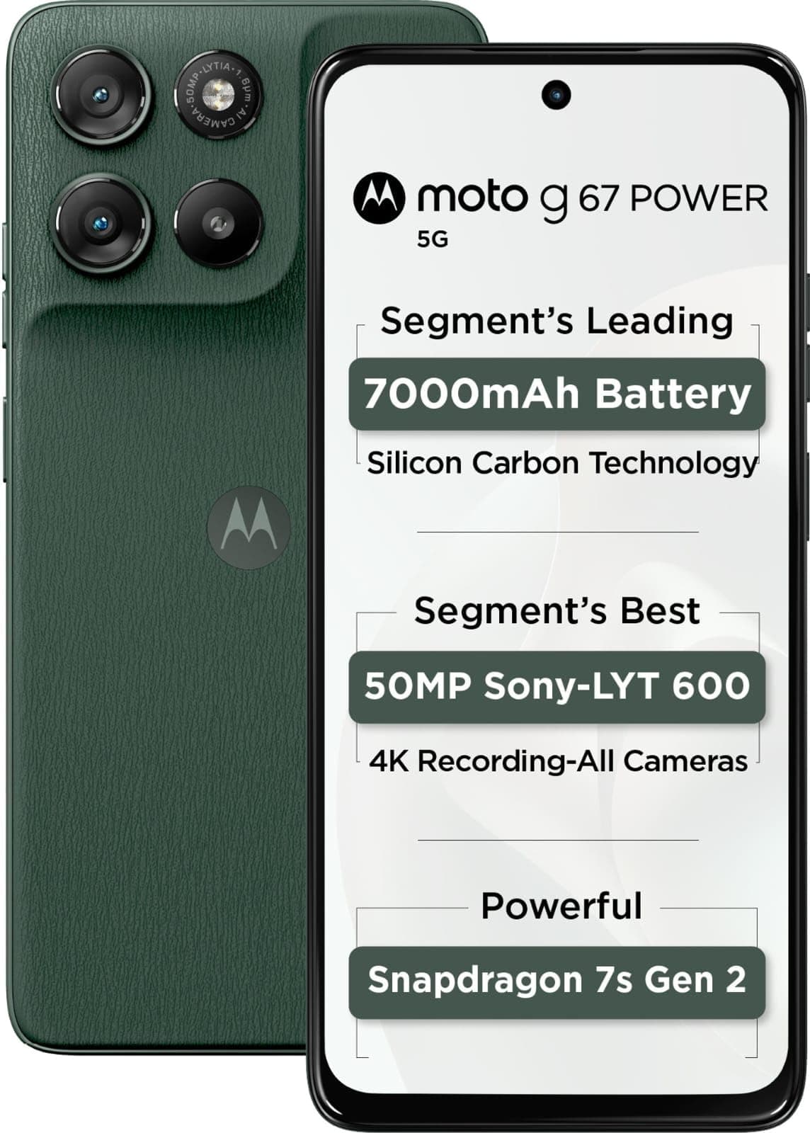 Motorola G67 Power 5G (Pantone Cilantro, 8GB RAM, 128GB Storage) | 6.7" FHD+ 120Hz LCD Display | Snapdragon 7s Gen2 Processor | 50MP + 8MP UW Camera | 7000mAh Battery with 30W Charger | IP64