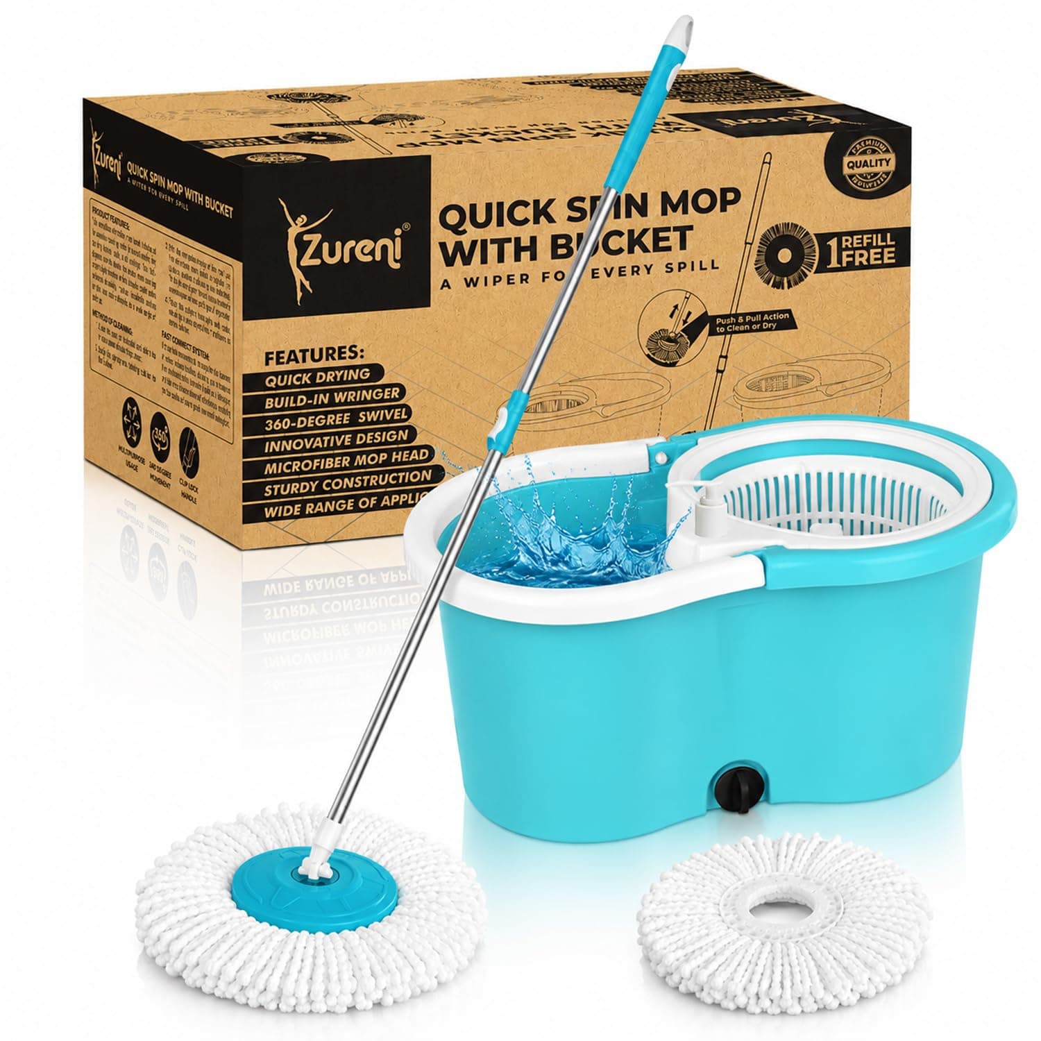 Zureni Bucket Quick Spin Mop with 2 Microfiber Wet Dry Mophead Floor Cleaning pocha Extendable Handle Removable Wringer 360° Tiles Cleaner Mopping Set (Random Colour)