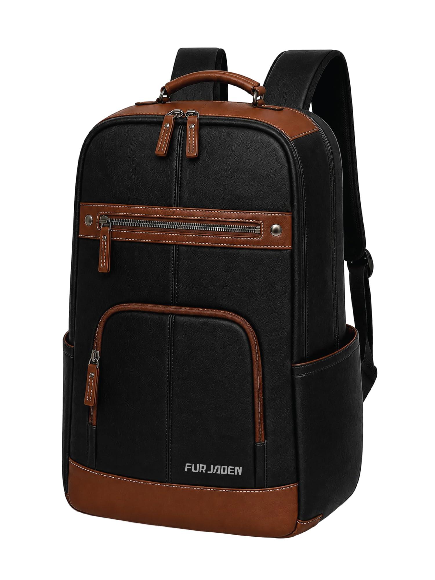 FUR JADEN Laptop Backpack | Premium & Vegan Leather Backpack | For College School Computer Bag for Men & Women (TanBlack)