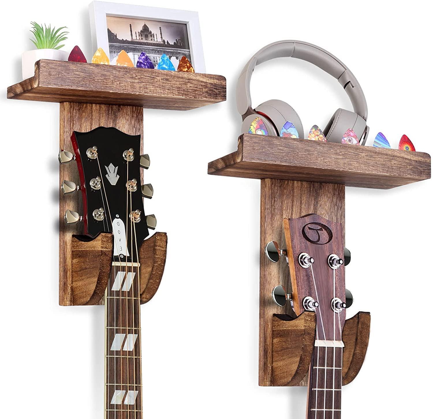 Artist International ™ 1 Pack Guitar Wall Hanger, Mount with Shelf, Hanger Pick Holder, Wooden Hanging Holder for Acoustic Guitar,Ukulele,Bass,Mandolin,Violin (Brown)