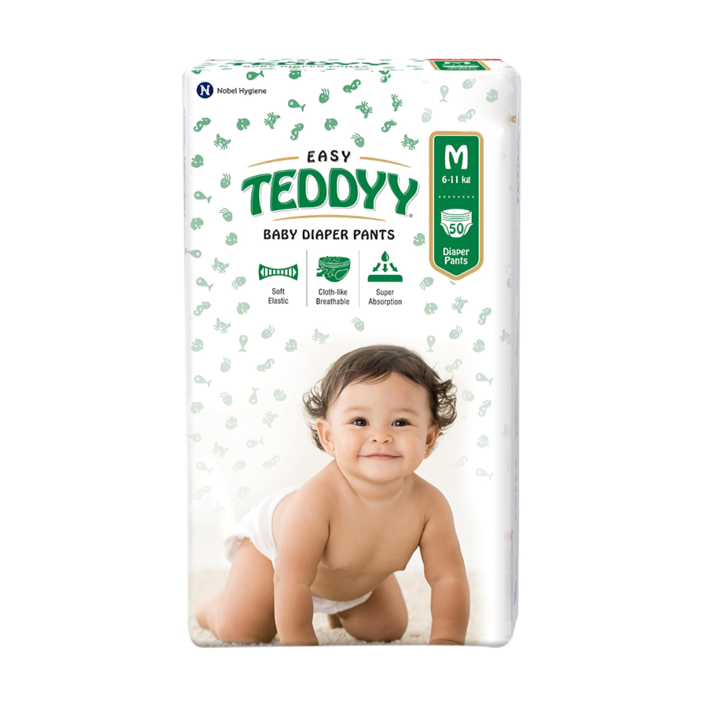 TEDDYY Easy Baby M Size Diaper Pant Style | 50 Count (Medium) | 7–12 kg (Pack of 1) | Long Protection Hours | Anti-Bacterial | Airy Breathable Fit | Rapid Soaker Channels with Wetness Indicator