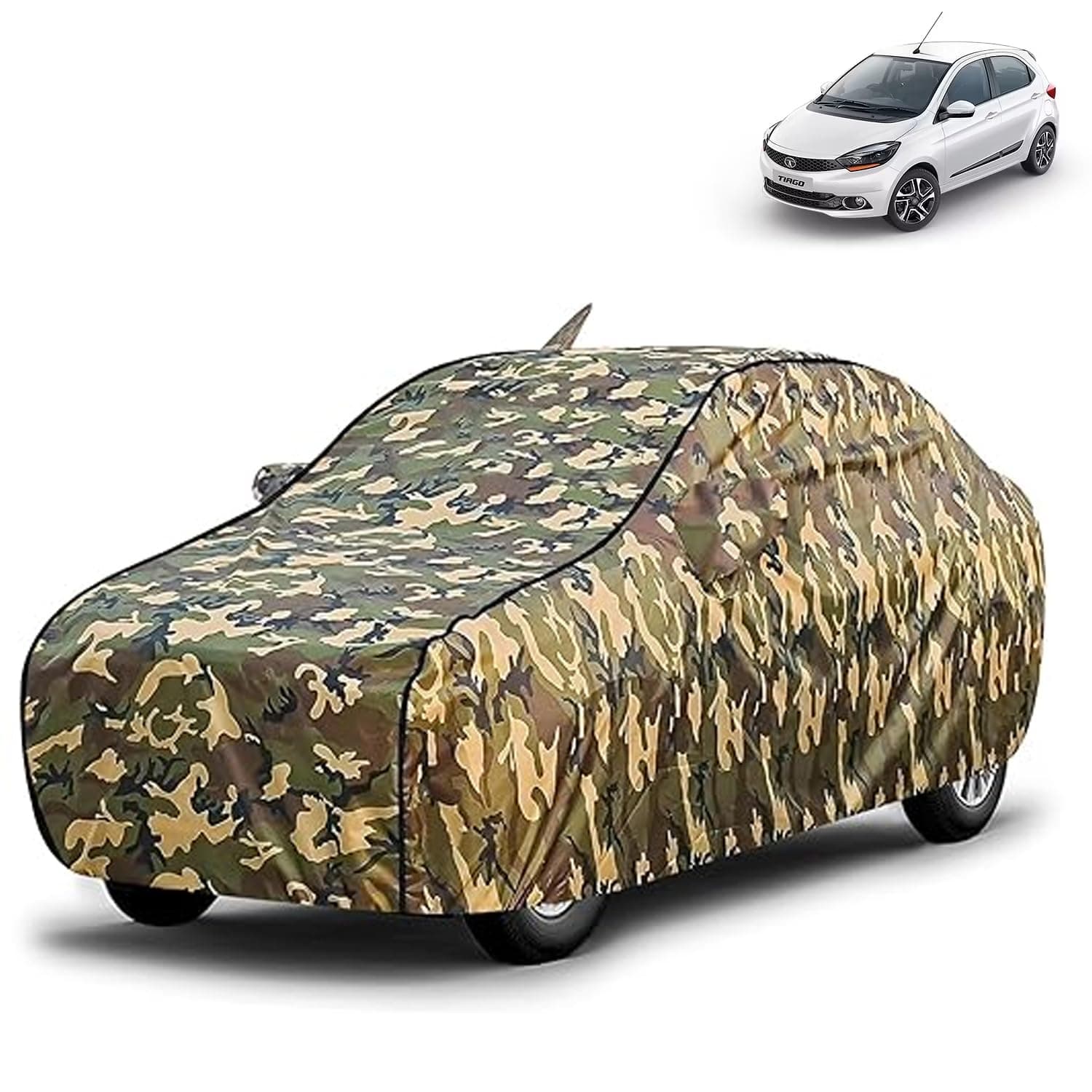 FABTEC Waterproof Car Body Cover for Tata Tiago Old (2016-2019) with Mirror and Front Side Antenna Pocket, Triple Stitched (Military, Jungle Print, Camouflage Design)