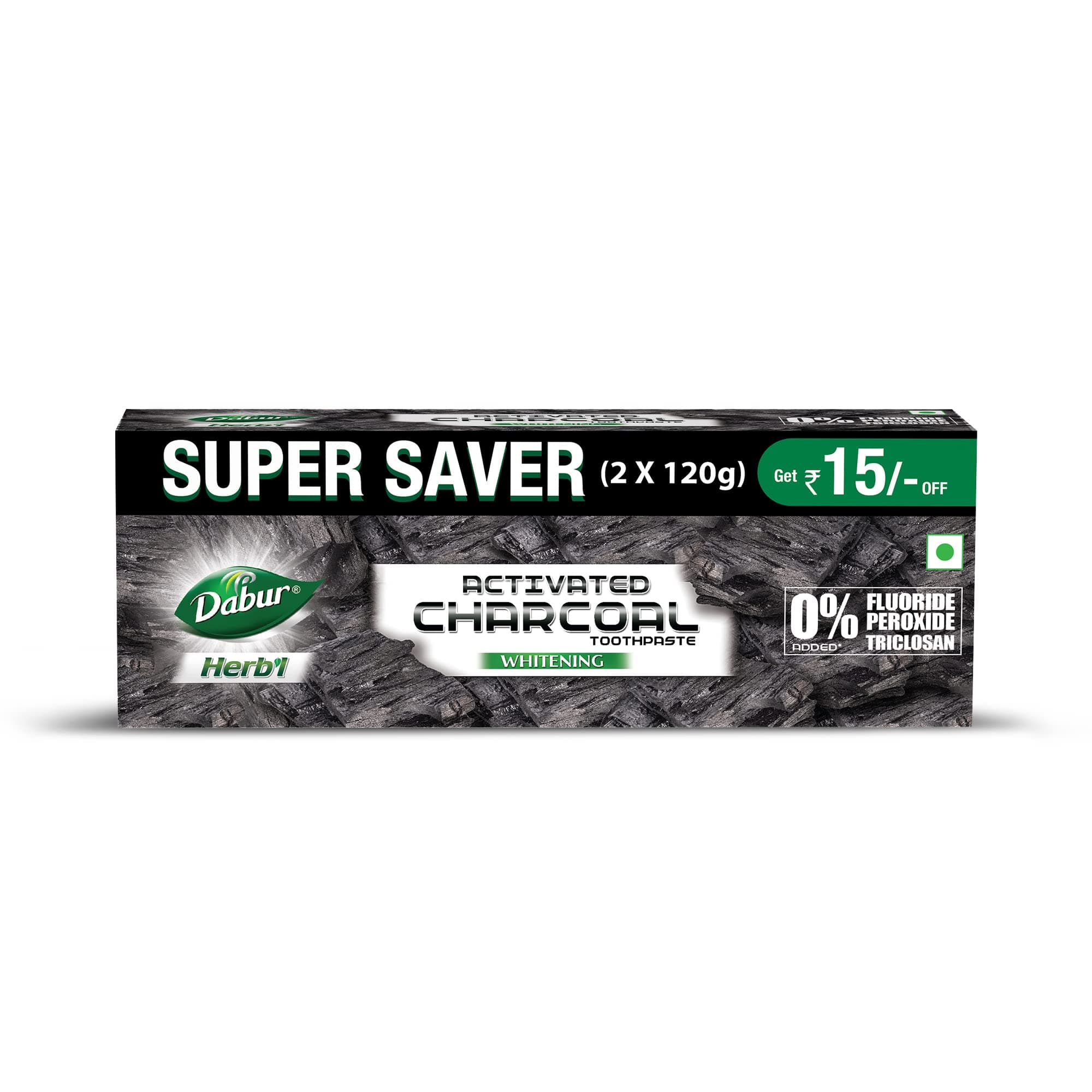 DABUR Herb'L Activated Charcoal Toothpaste 240G (120G x2, Pack of 2)|Whitening Black Gel Toothpaste|Fluoride Free|Fights Plaque & Extrinsic Stains|With Power of Mint|Cool & Refreshing Mouth Experience