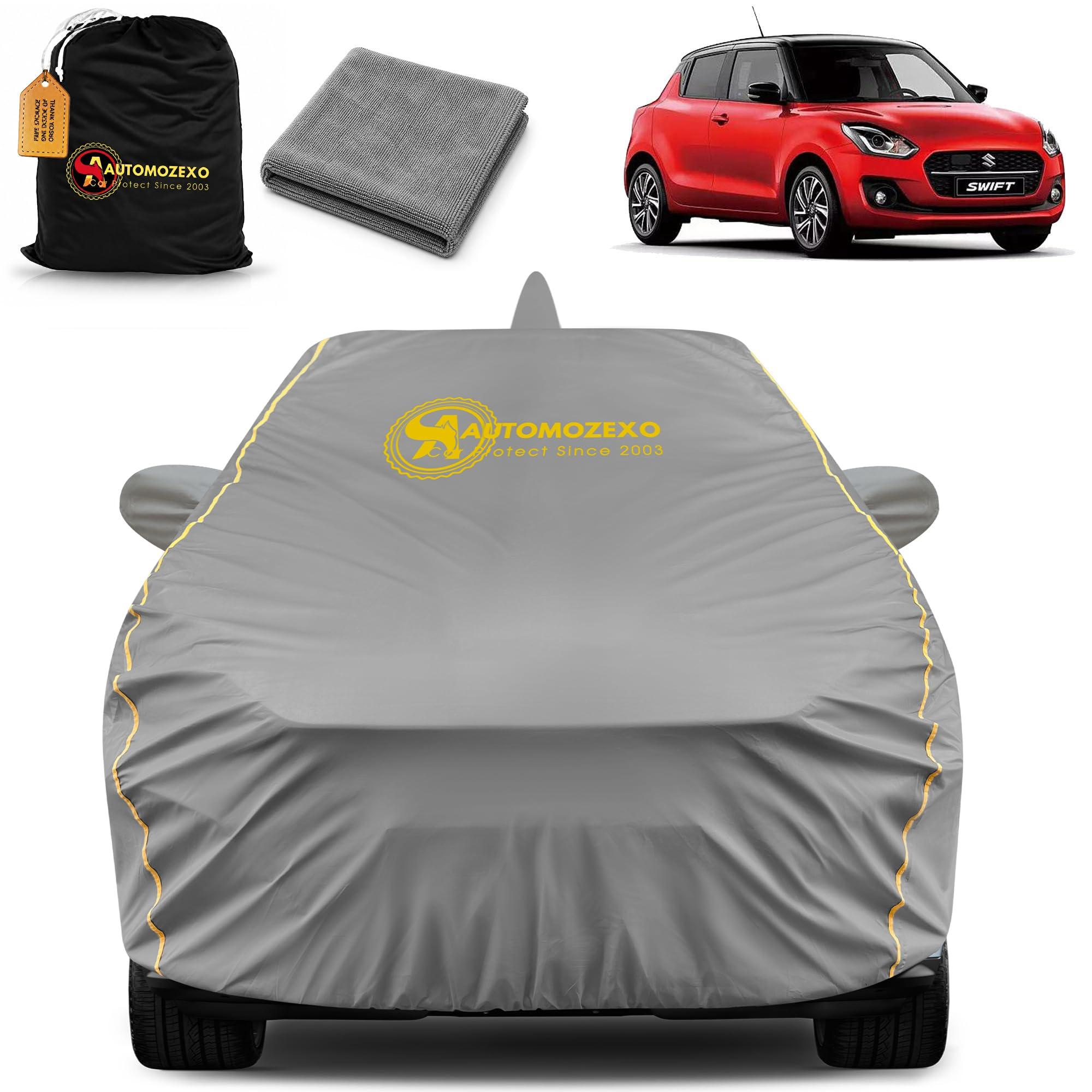 AUTOMOZEXO Maruti Swift 100% Waterproof Car Cover for All Weather Protection with Mirror & Antena Pocket Inner Cotton Layer Triple Stitched Cover with Adjustable Belt Bottom Elastic to Secure Fit-Grey