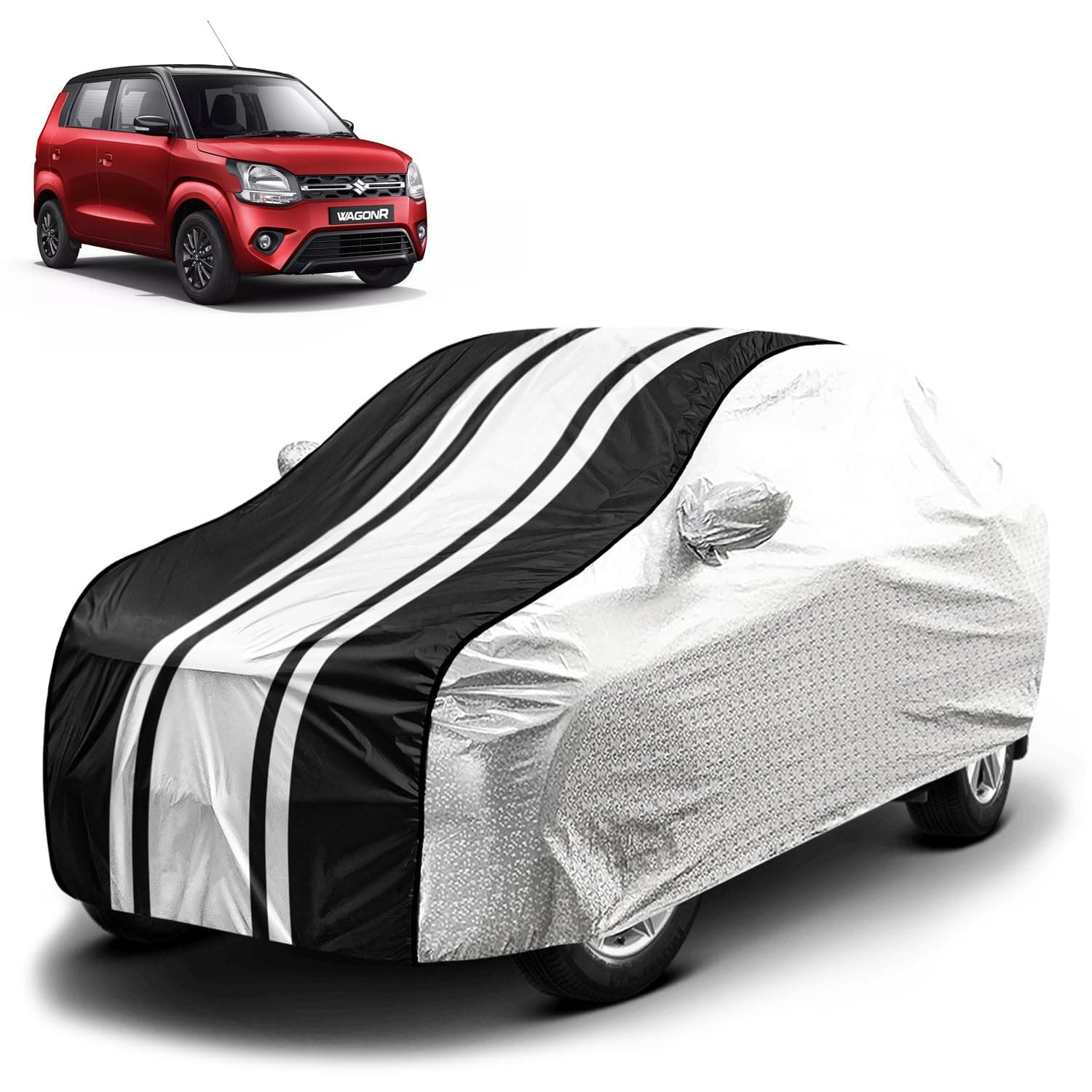 Fabtec Waterproof Car Body Cover for Maruti Wagon R (2019-2022) with Mirror Pocket and Soft Cotton Lining, Bottom Elastic, Triple Stitched (Metallic Silver with Black Stripes) (No Antenna Pocket)