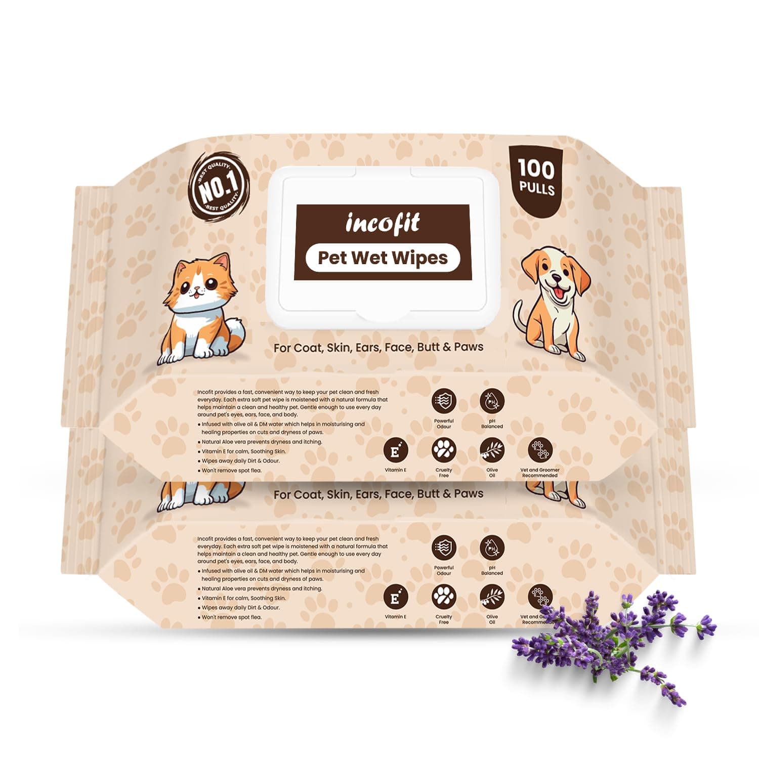 Incofit Anti-Bacterial 200 Pulls Pet Wet Wipes for Dogs, Puppies, Cats, Rabbits & Small Pets | Powerful Odour, Vitamin E & Olive Oil | Anti-Itching | Cleansing, Deodorising & Grooming (Pack of 2)