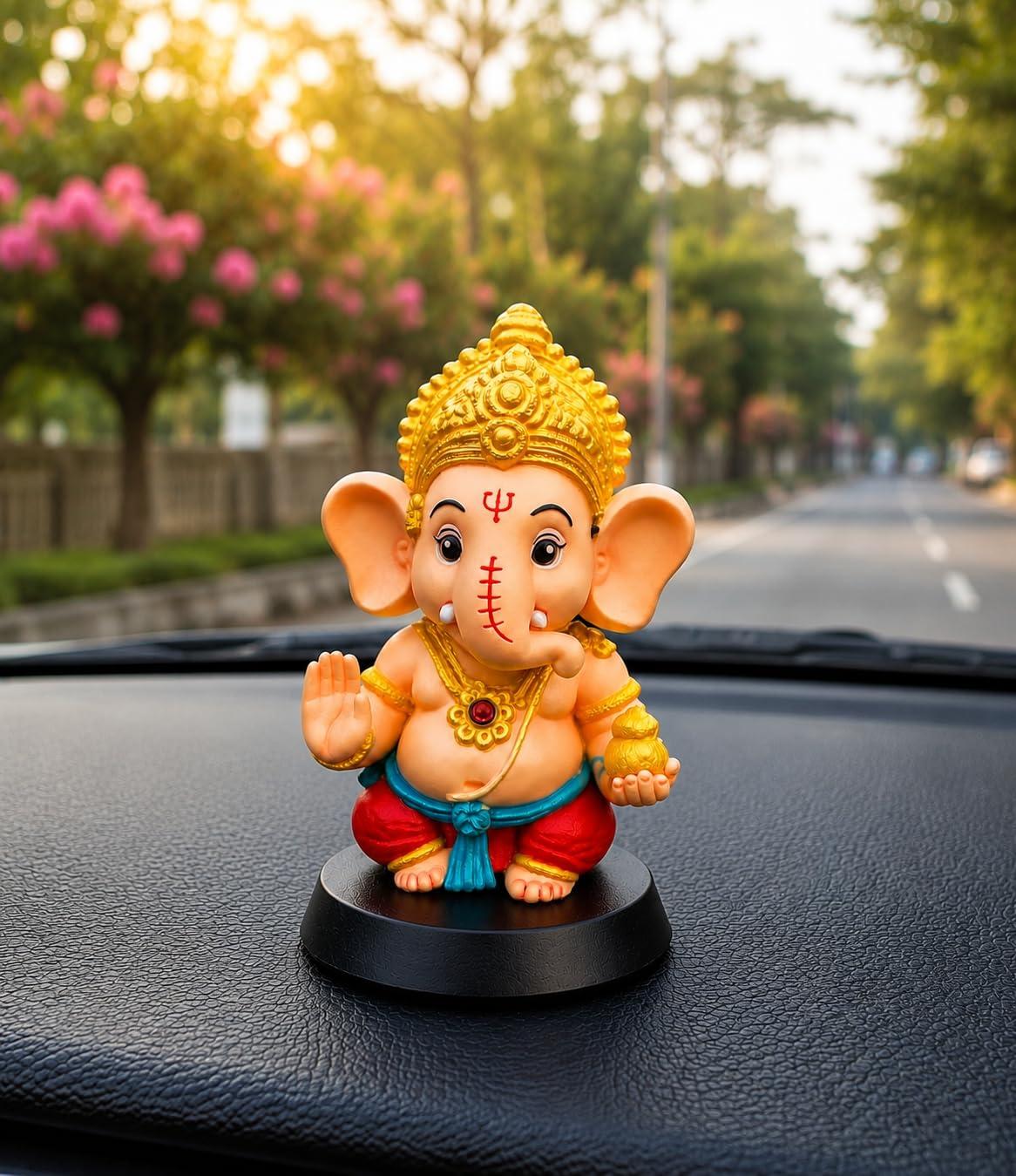 Cute Lord Ganesha Car Dashboard Idol | Ganpati Murti Showpiece for Car Dashboard | Mini Resin Ganesh Statue | Car Interior Dashboard Decoration | Lucky Hindu God Gift | Multicolor