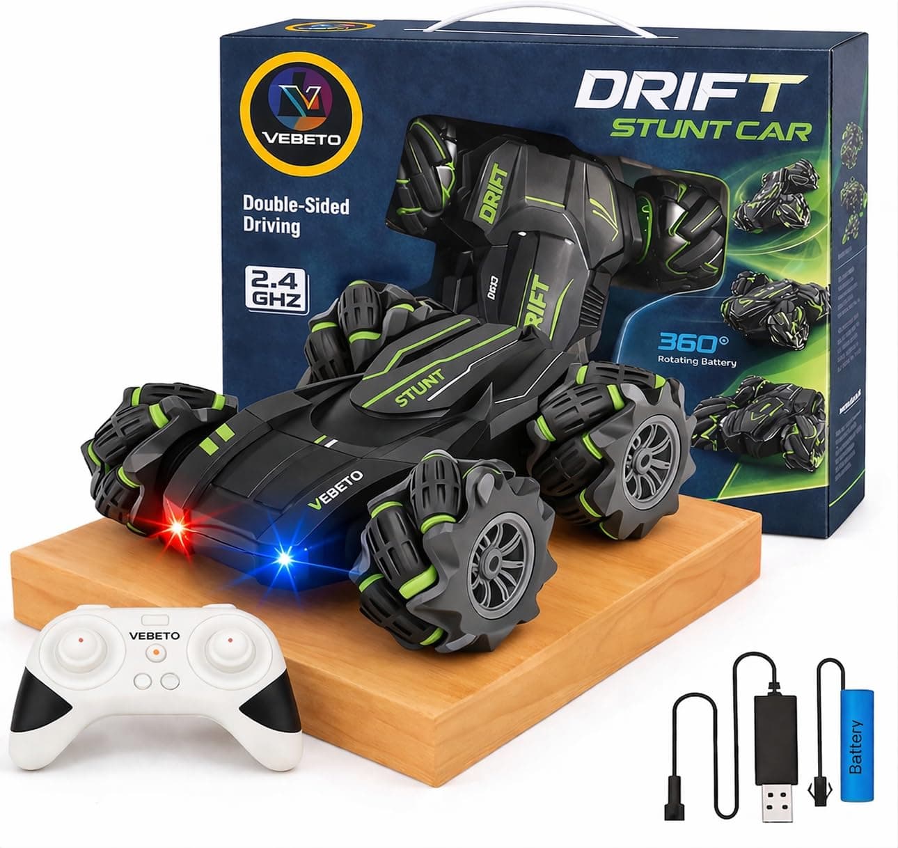 VEBETO Remote Control Drift Stunt Car Toy | 1 Year Warranty | 4x4 RC Car for Kids & Adult | High Speed Racing Car | Omni-Directional Wheels | 360° Rotation | Double Sided Driving | RGB Lights Music