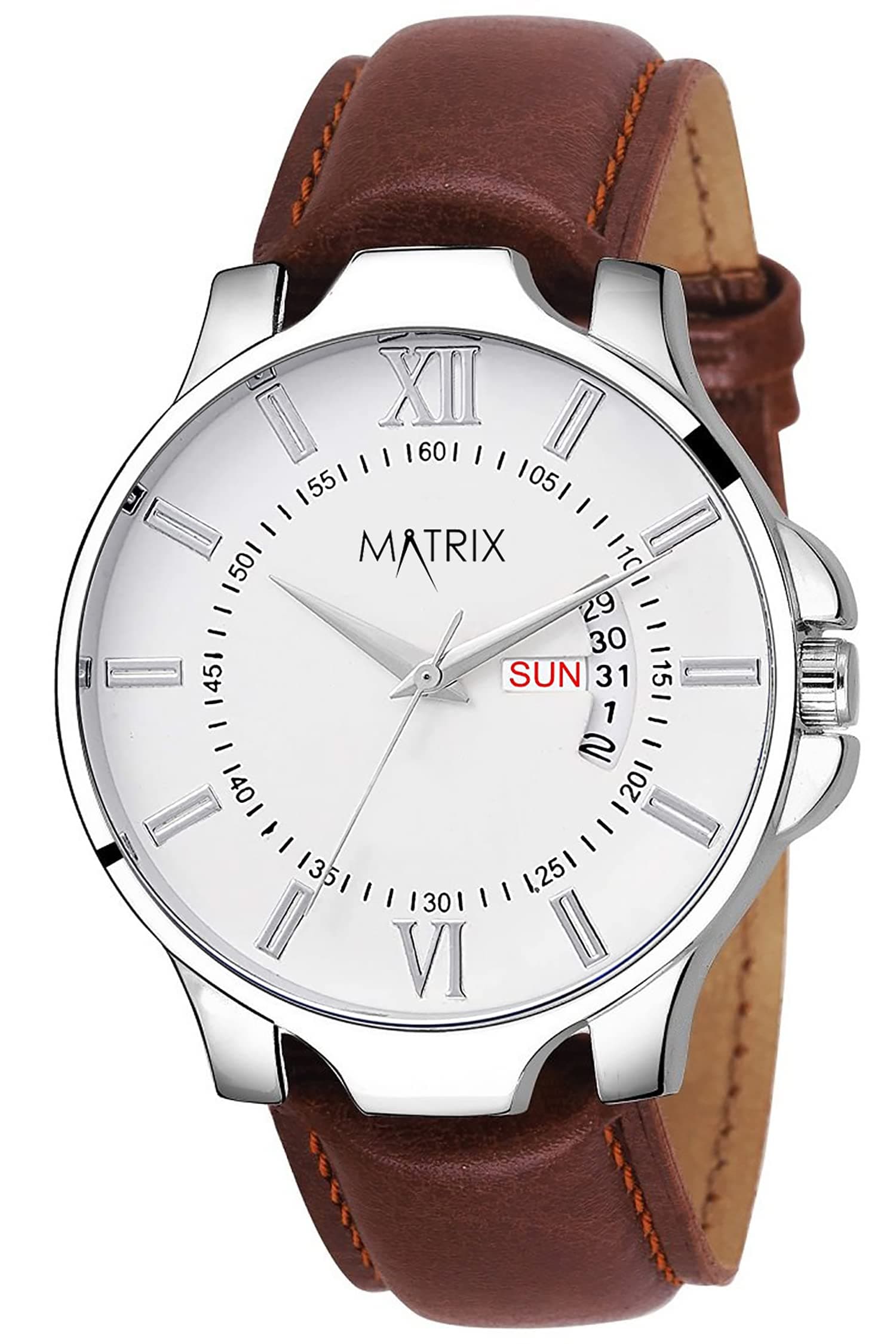Matrix Antique Day & Date Leather Strap Analog Watch for Men & Boys (White - Brown)