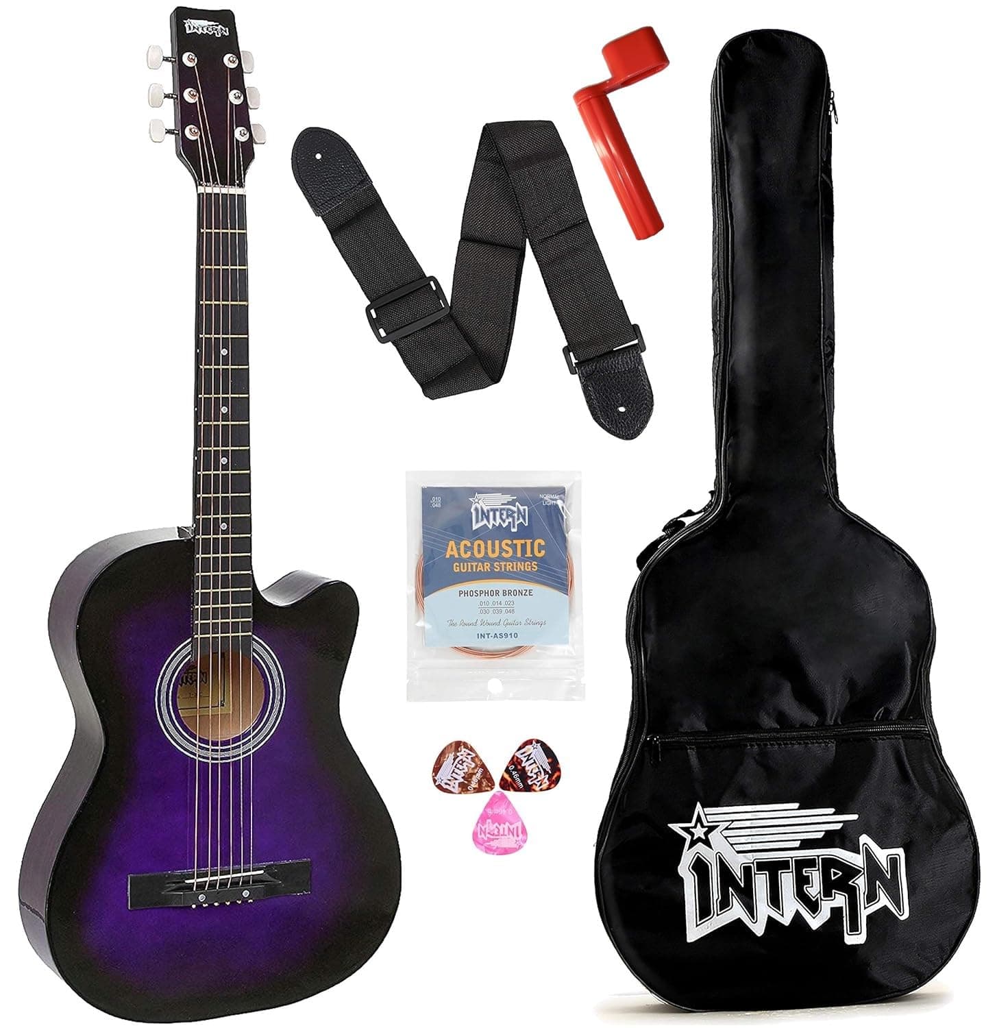 Intern Right hand Acoustic Guitar Kit, With Bag, Strings, Pick, Strap and String Winder (Purple, 38 Inch)