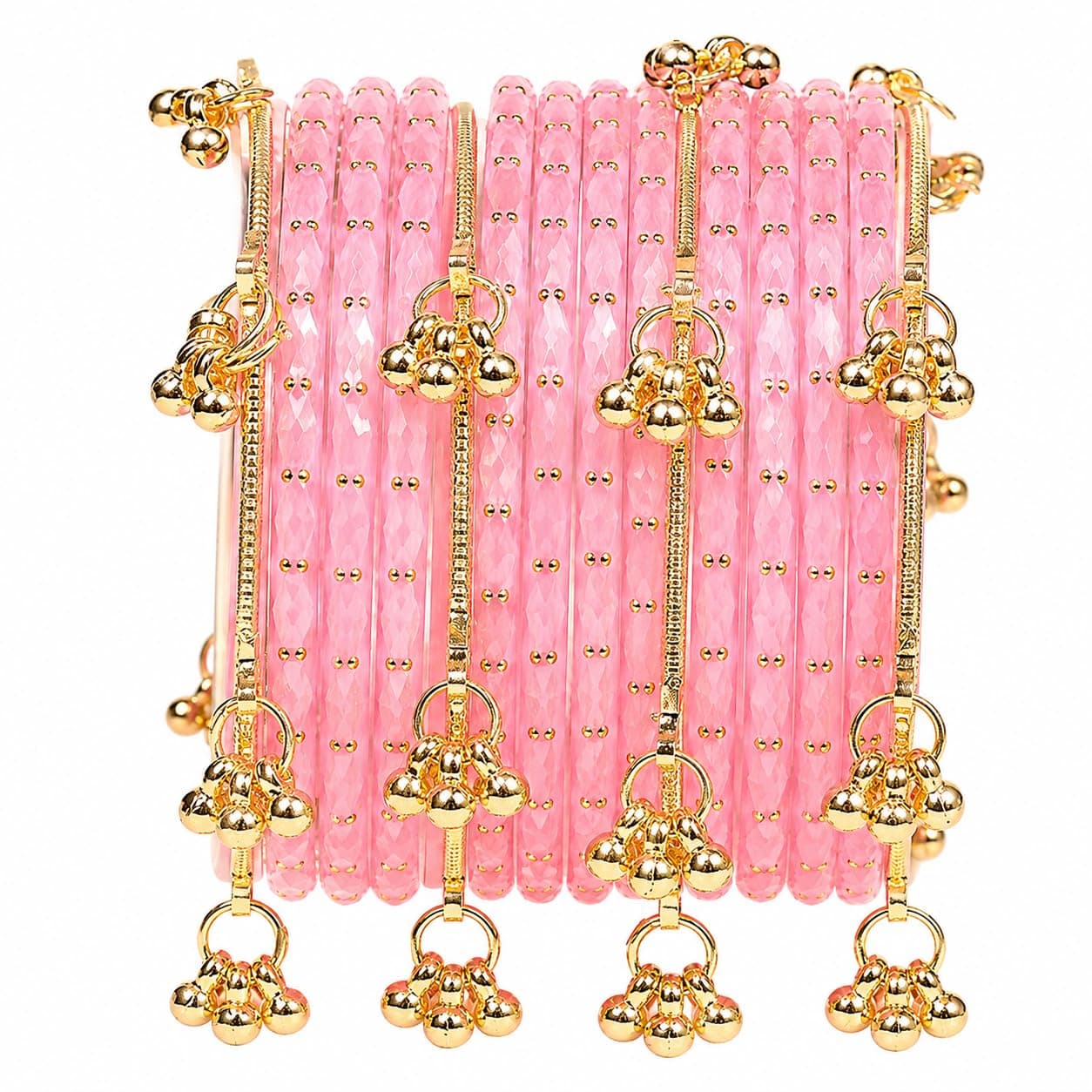 Nakabh Kashmiri Ghangharoo Glass Bangles Set for Women | Light Weight Bangles | Traditional Transparent Fancy Glass Chudi Set for Wedding, Party(Set Of 16) (Baby Pink, 2.6)