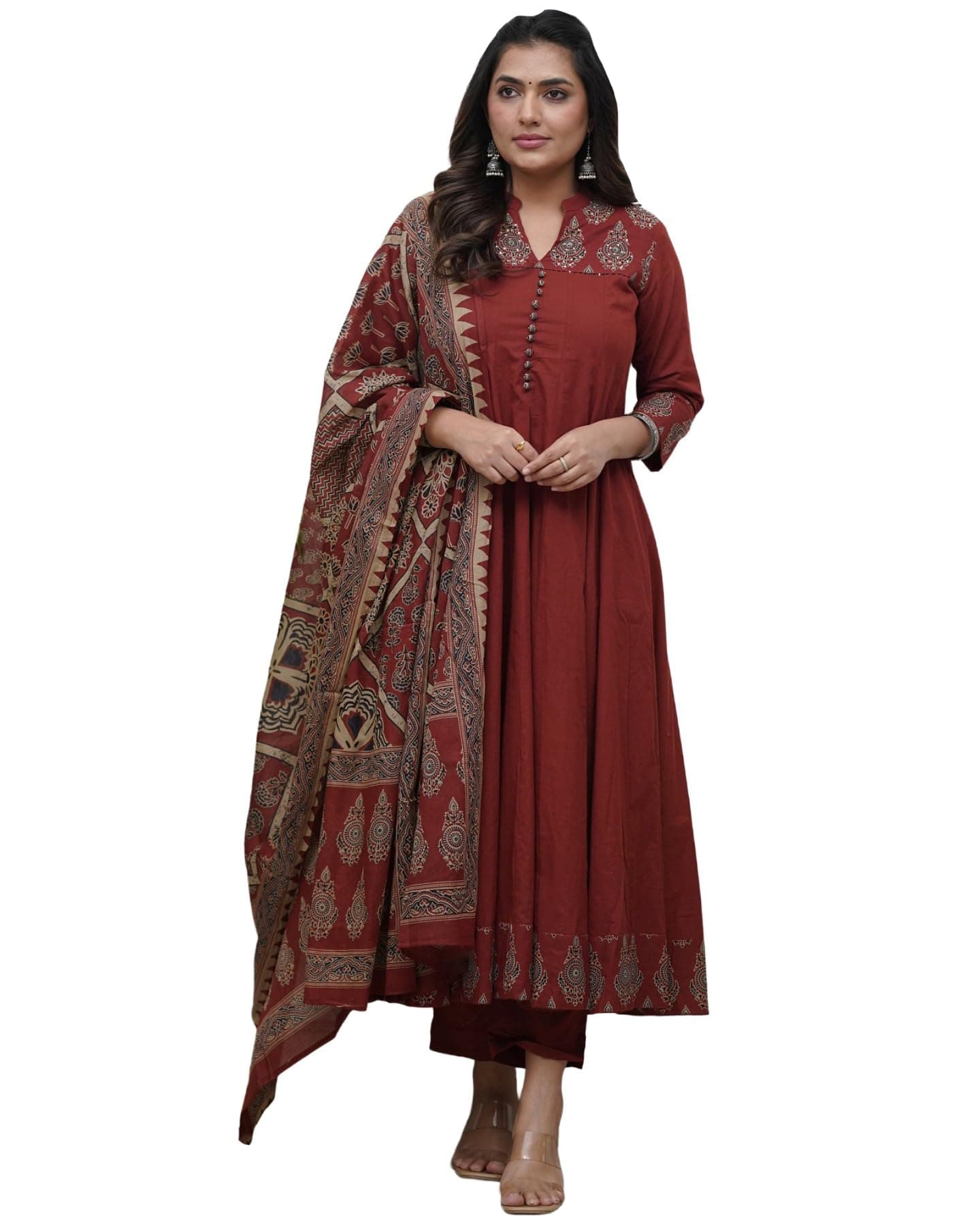GoSriKi Women's Rayon Viscose Anarkali Printed Kurta Pant with Dupatta (Chami Maroon-GS_XXL_Maroon_XX-Large)