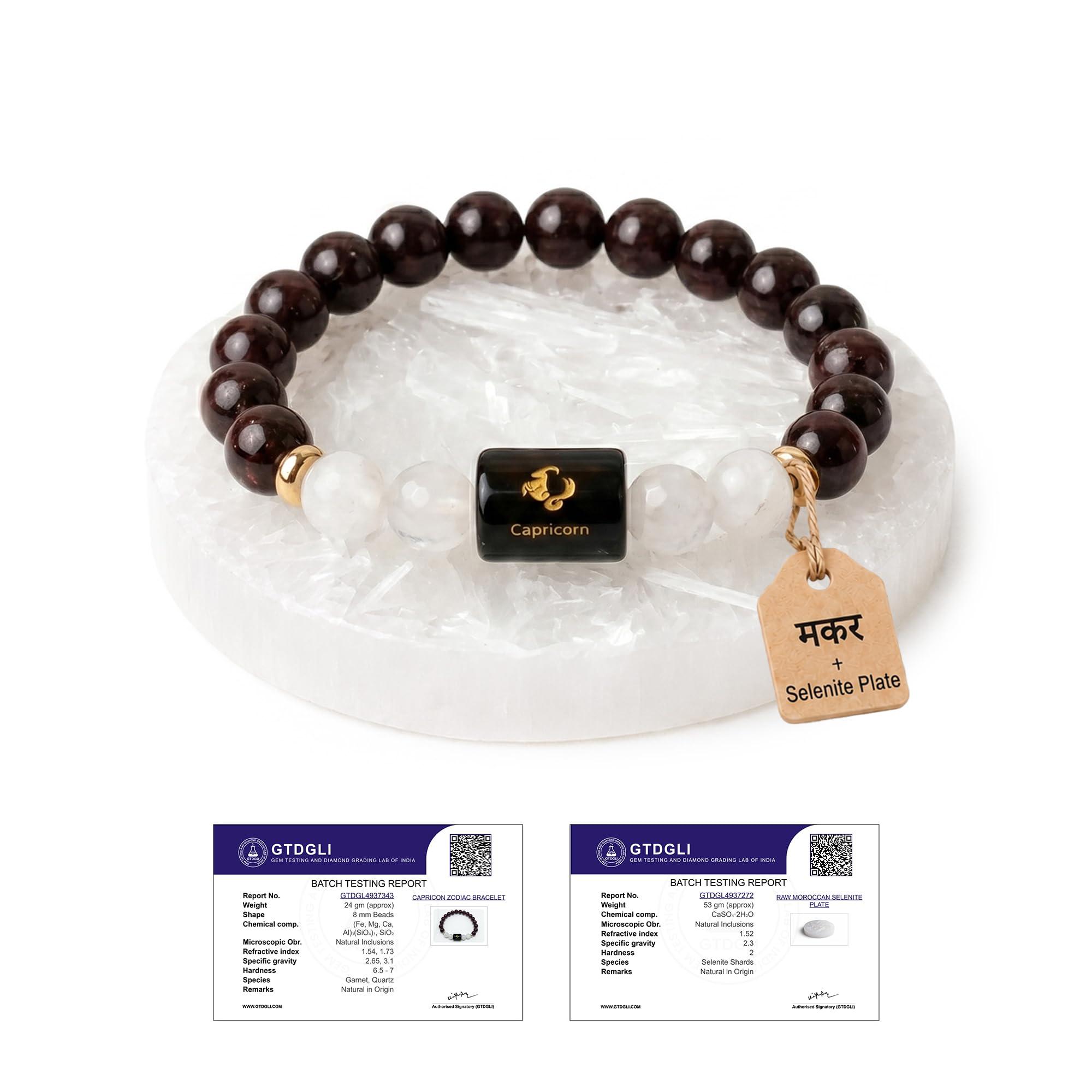 Astrotalk Capricorn (मकर राशि) Zodiac Bracelet with Raw Selenite Plate | Crystals for Strength & Emotional Balance | Garnet & Milky Quartz | Bracelet for Man & Woman | Gift for Man & Woman