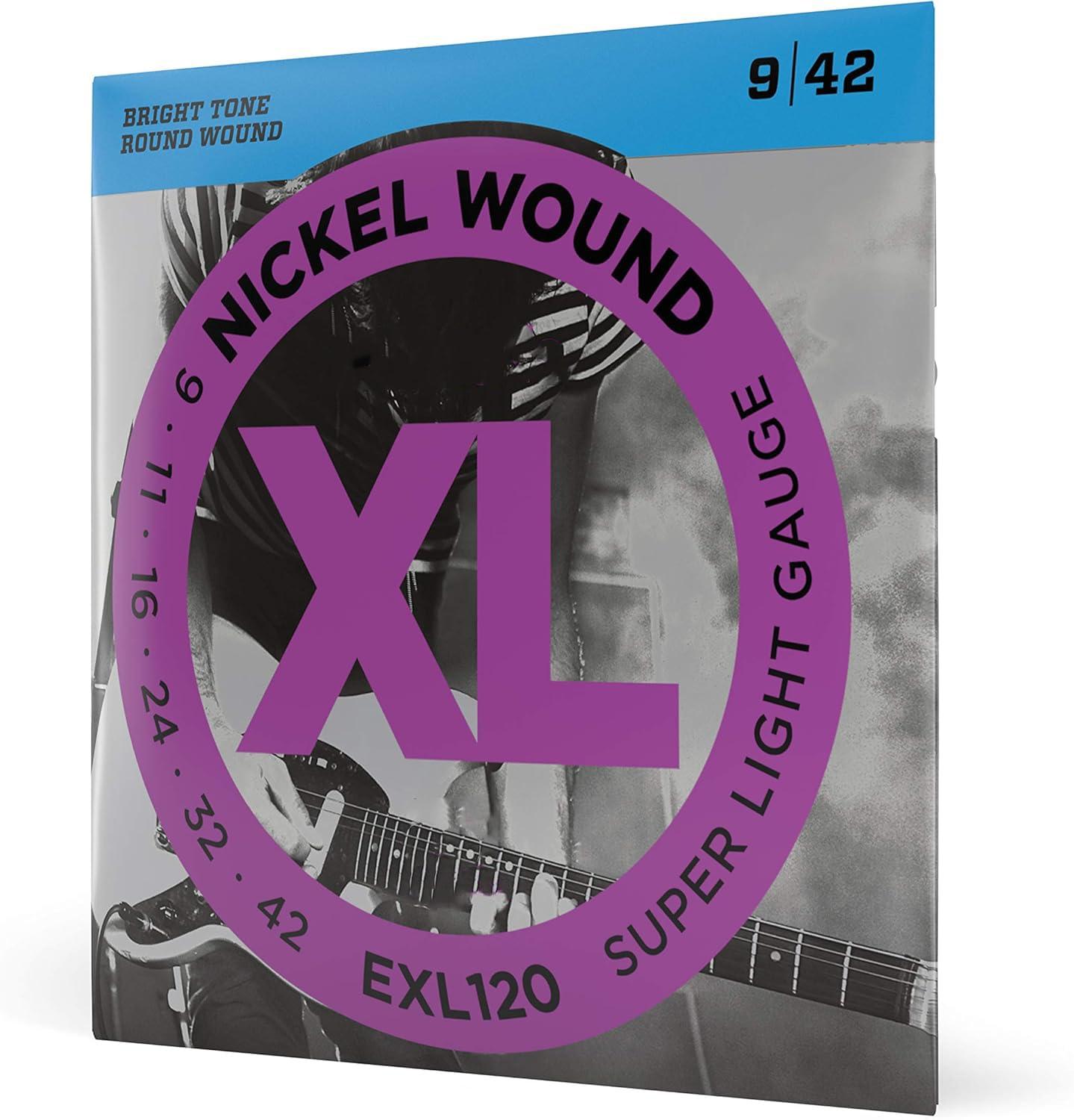 EXL120 XL Nickel Wound Super Light Guitar Strings - 6 Strings, 09-42, Nickel-Plated Steel for Superior Tone, Tuning Stability & Durability, Perfect for Rock, Blues & Metal