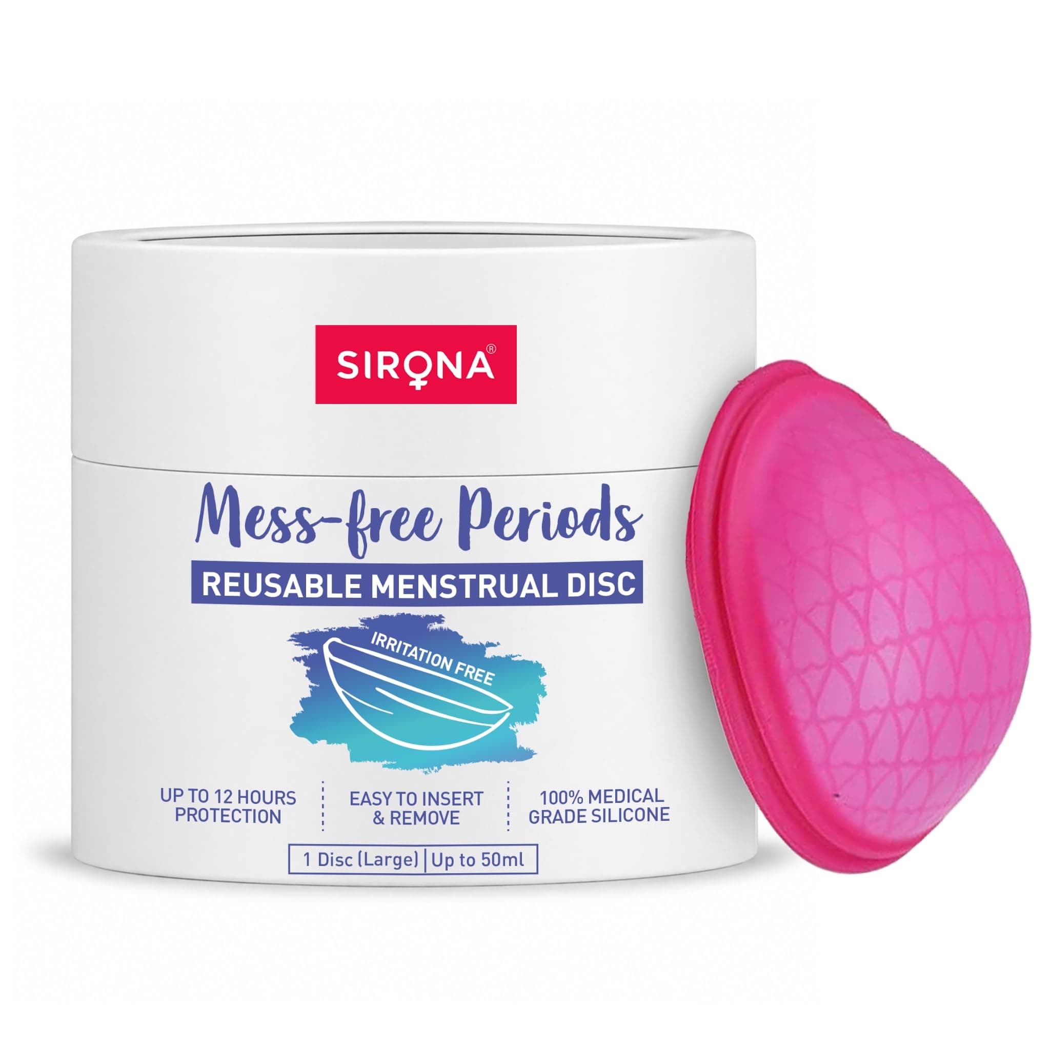 Sirona Reusable Menstrual Cup Disc for Women - Large | Made with 100% Medical Grade Silicone | Odour, Rash & Itch-Free Period | Leak-Proof Protection for 8-10 Hours | Non Toxic & Phthalate Free