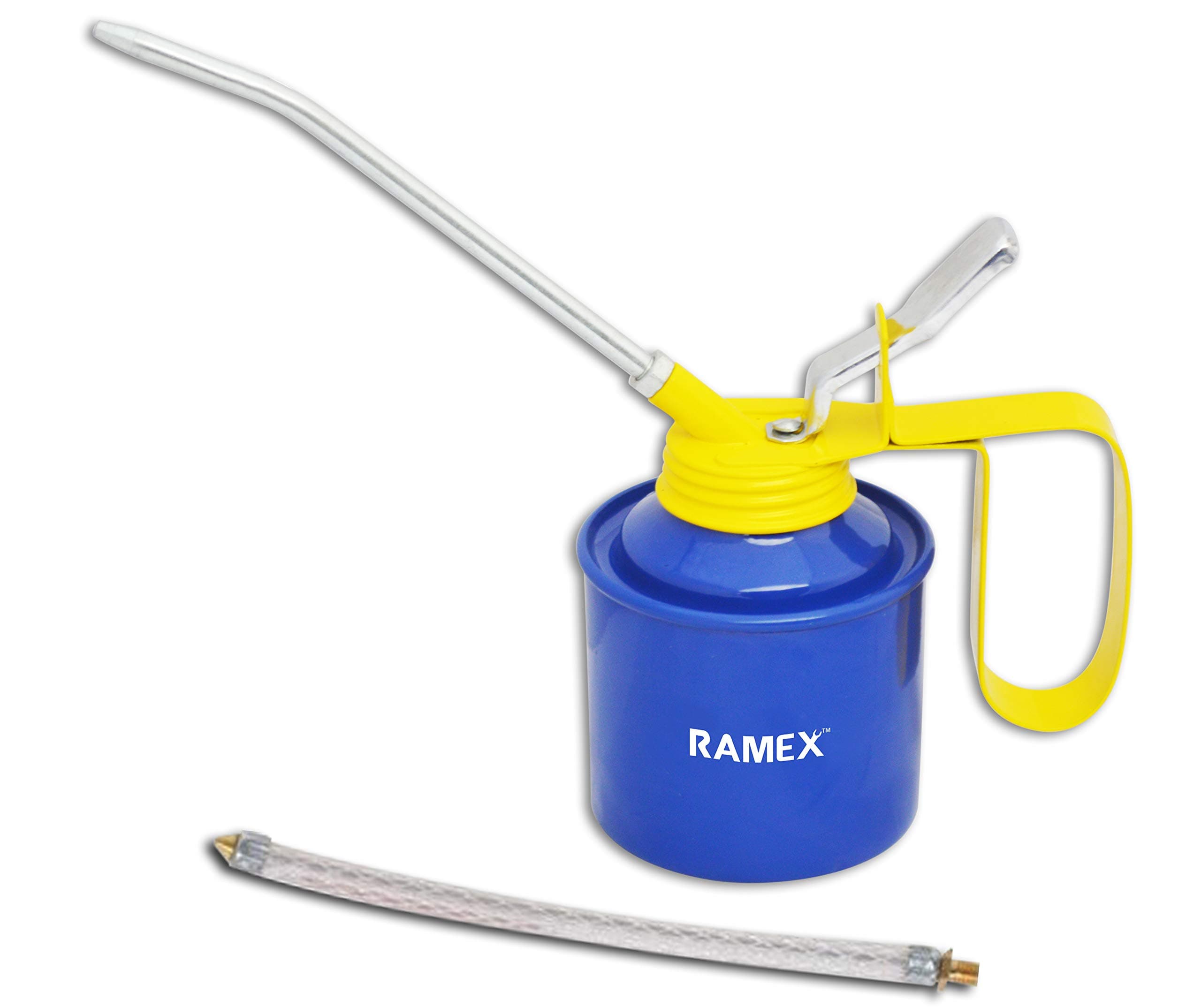 Ramex Multipurpose Metal Oil Can, Oil Can Pump Oiler with 2 Spouts, fixed and flexible, for All Lubrication Need of Car, Bike, Machine & Industrial use -1/2 Pint Capacity. Glossy Blue & Yellow Oil Can