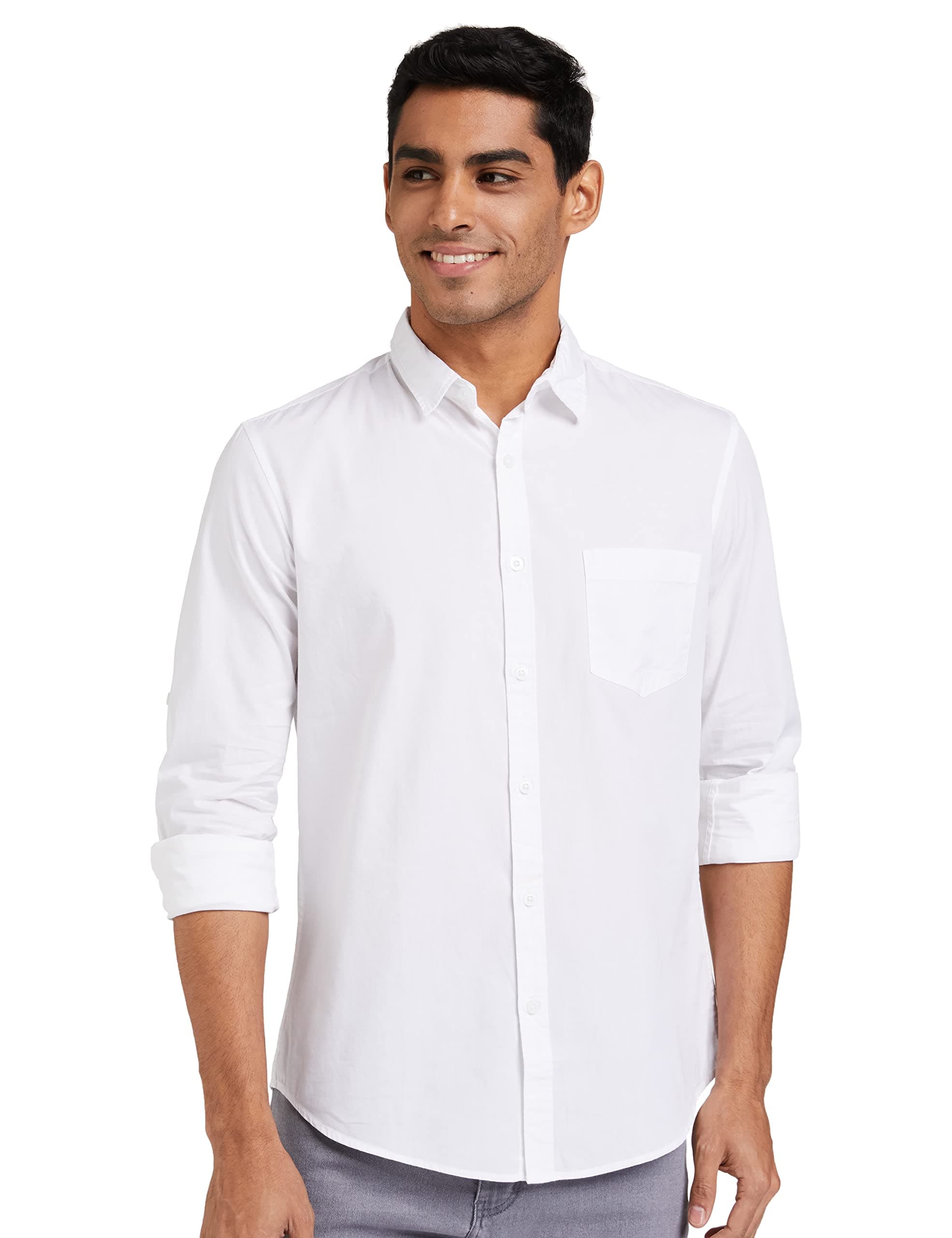 Amazon Brand - Symbol Men's Cotton Shirt | Casual | Plain | Full Sleeve | Summer - Regular Fit (Available In Plus Size, White_L)
