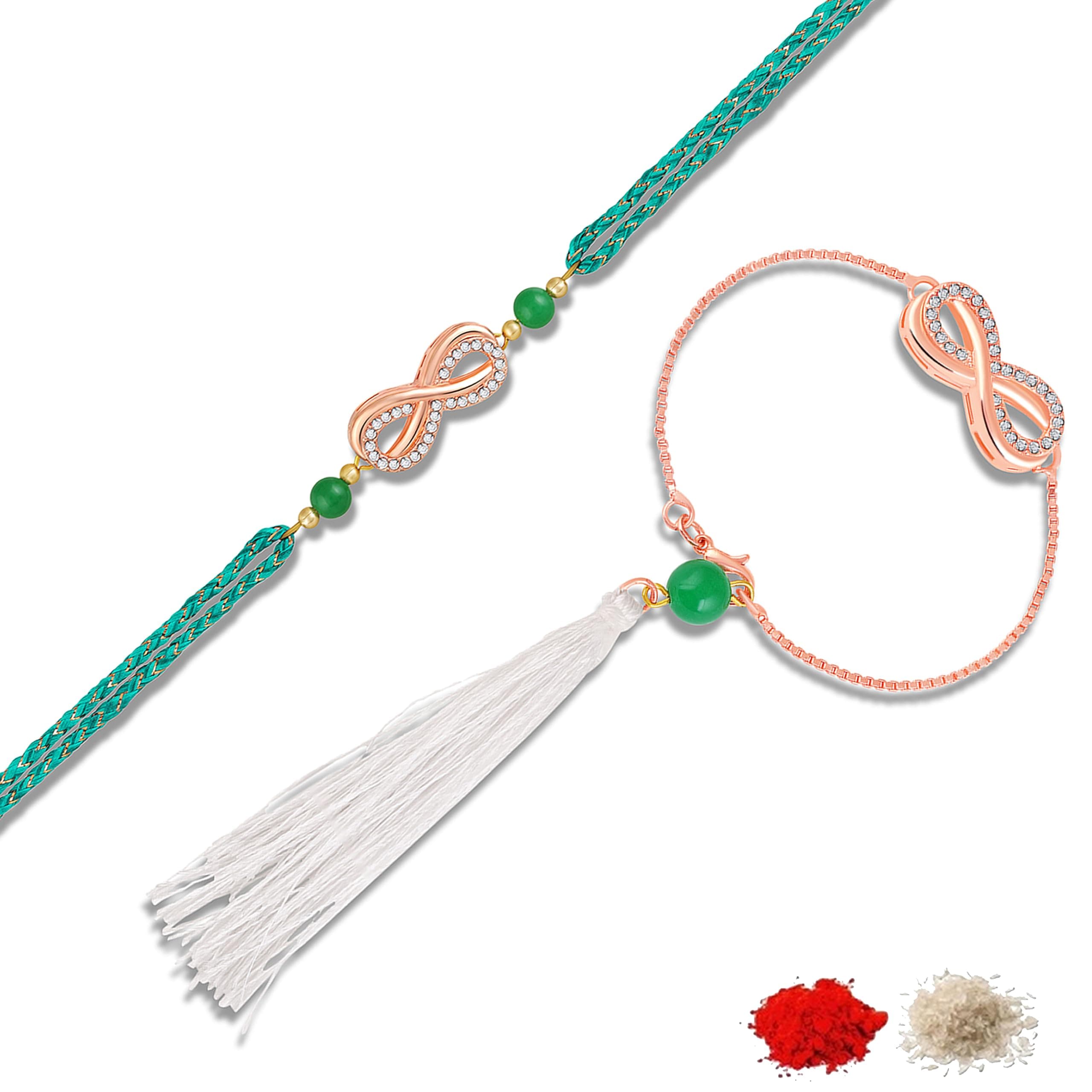 Mahi Elegant Rose Gold Infinity Couple Rakhi Set with Green Beads and White Tassel (RCOL1106003Z)