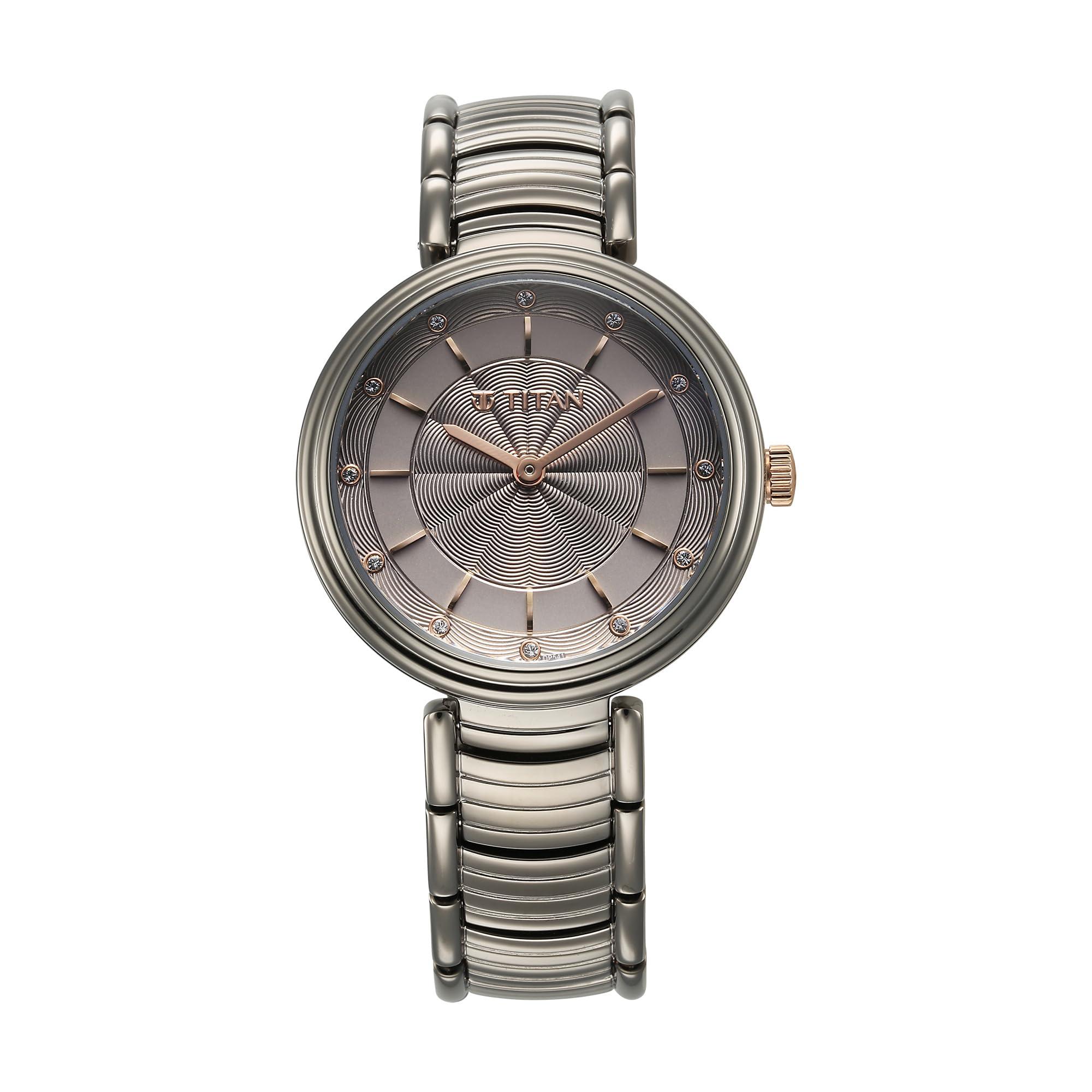 Titan Aura Phase Quartz Analog Grey Dial with Black Stainless Steel Strap Watch for Women-95240KM01