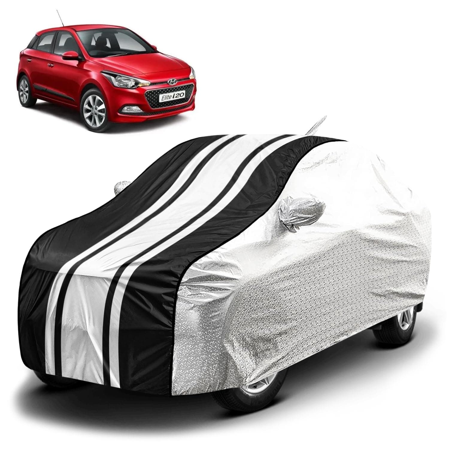 Fabtec Waterproof Car Body Cover for Hyundai Elite i20 with Mirror and Antenna Pocket, Soft Cotton Lining, Bottom Elastic, Triple Stitched (Metallic Silver with Black Stripes)