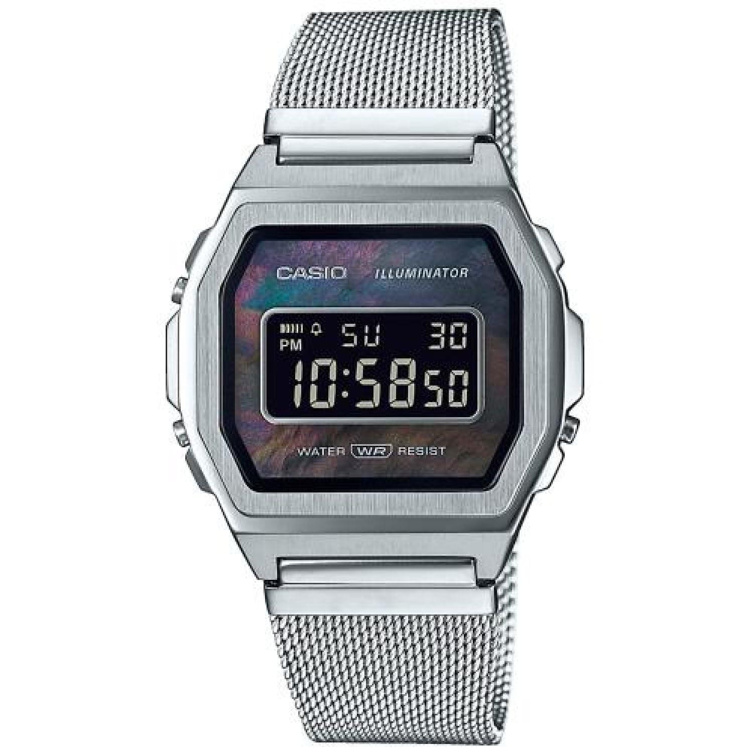 Casio Unisex Vintage A1000M-1BEF Black Digital Dial Silver Stainless Steel Mesh Band D194