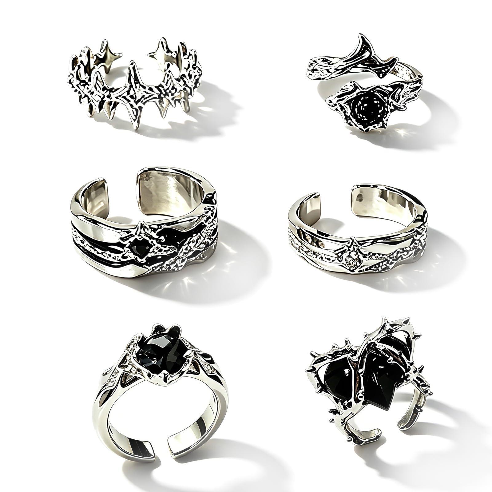 Mgbmyltm 6 Pcs Gothic Rings Set, Adjustable Dark Aesthetic Gothic Jewellery for Men and Women, Y2K Accessories for Daily Fashion and Music Events