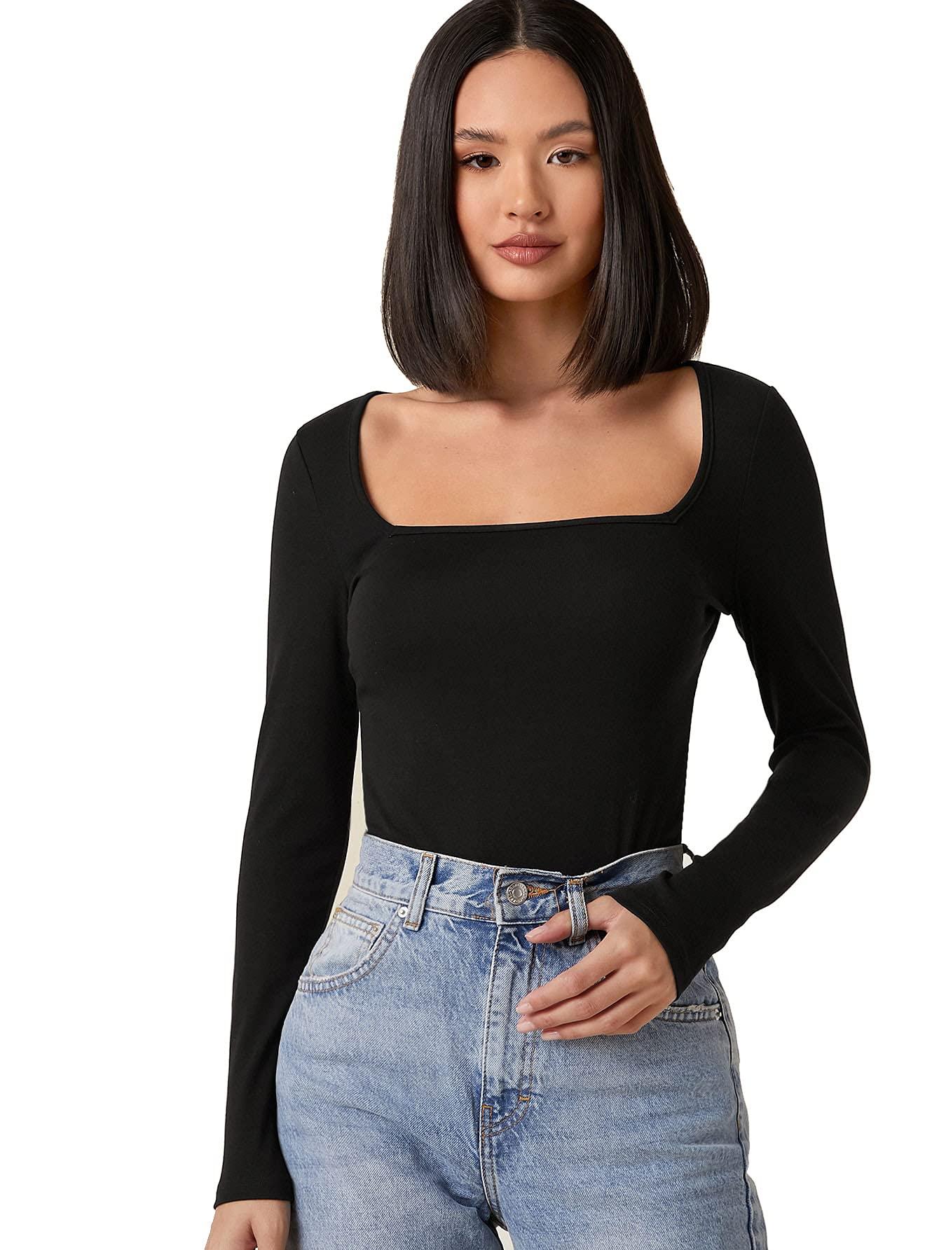 Aahwan Black Solid Square Neck Long Sleeve Slim Fit Top/T-Shirt for Women's & Girls' (157-Black-XL)