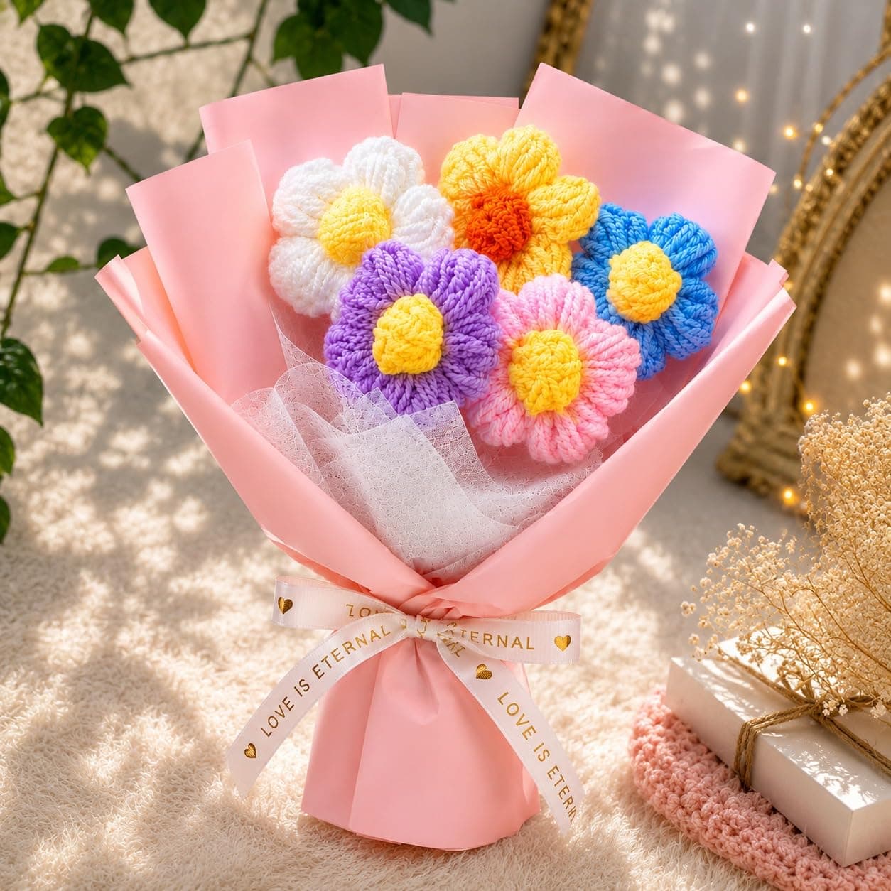PulGos 𝟏 𝐏𝐜𝐬 Mini Yarn Floral Bunch |Handmade Crochet Flower Bouquet for Home & Office Décor |Aesthetic Gift item for Girls & Women |Cute Woolen Knitted Multicolour Petals for Gifting & Decoration