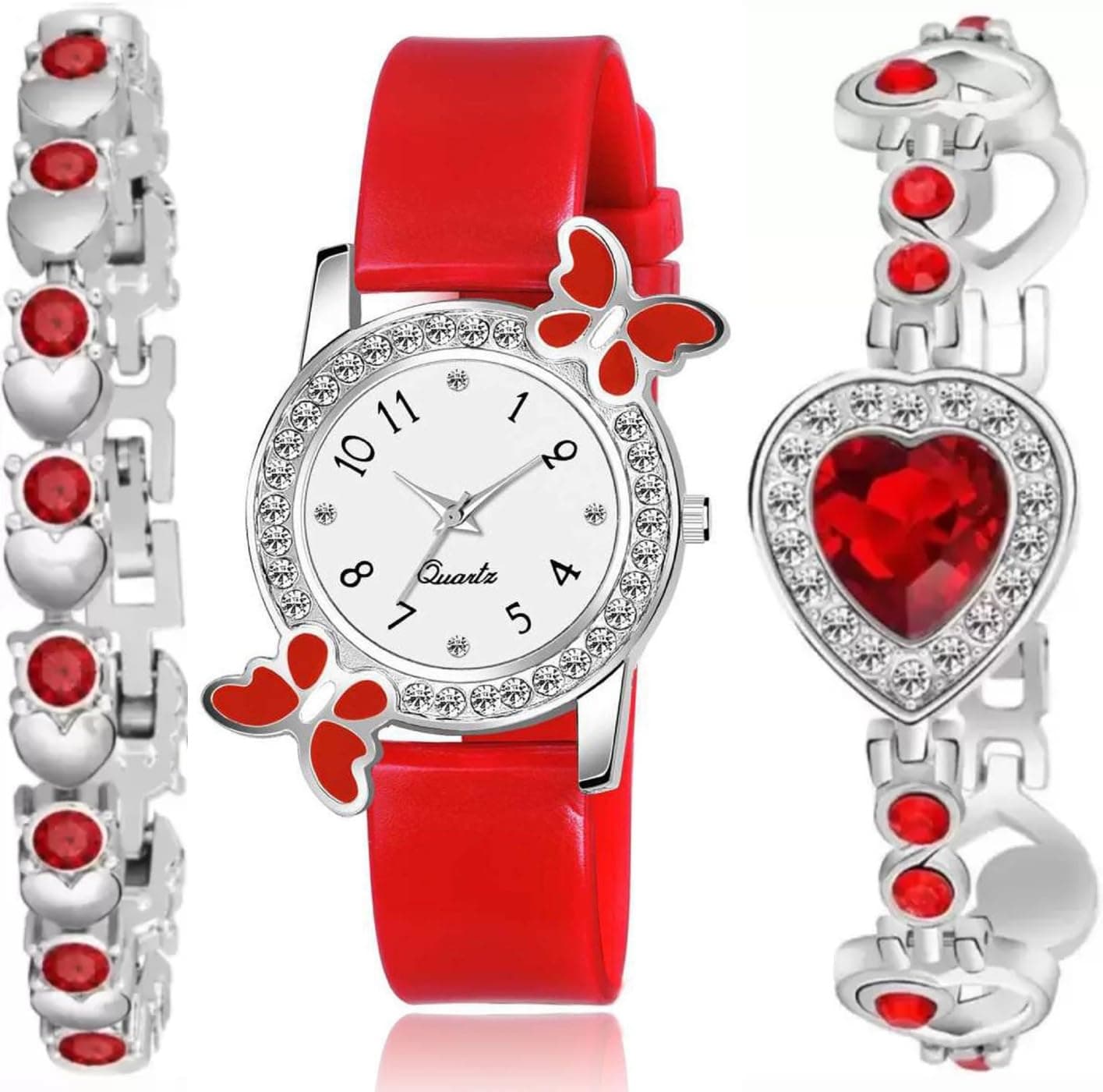 Acnos Polyurethane White Dial Diamond Red Analog Watch With Diamond Bracelet For Girl Best Design Butterfly Combo 3 Pack Of 3, Red Band