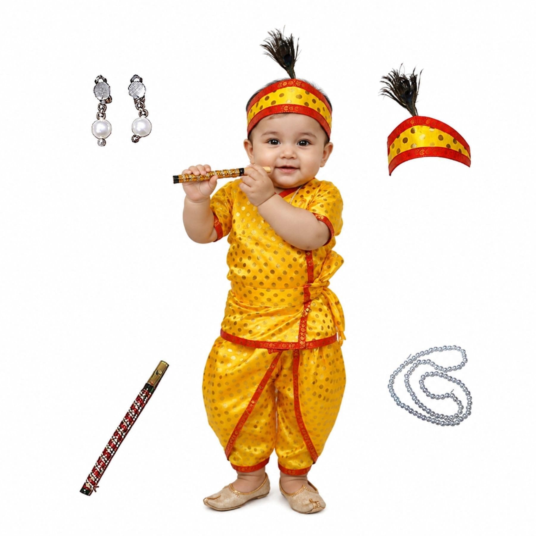Kaku Fancy Dresses Silk Krishna Costume For Kids | Kids Krishna Dress For Janmashtami/Kanha/Krishnaleela/Mythological Character Krishna Fancy Dress Costume For Boys/Girls - Yellow (3-4 Years)