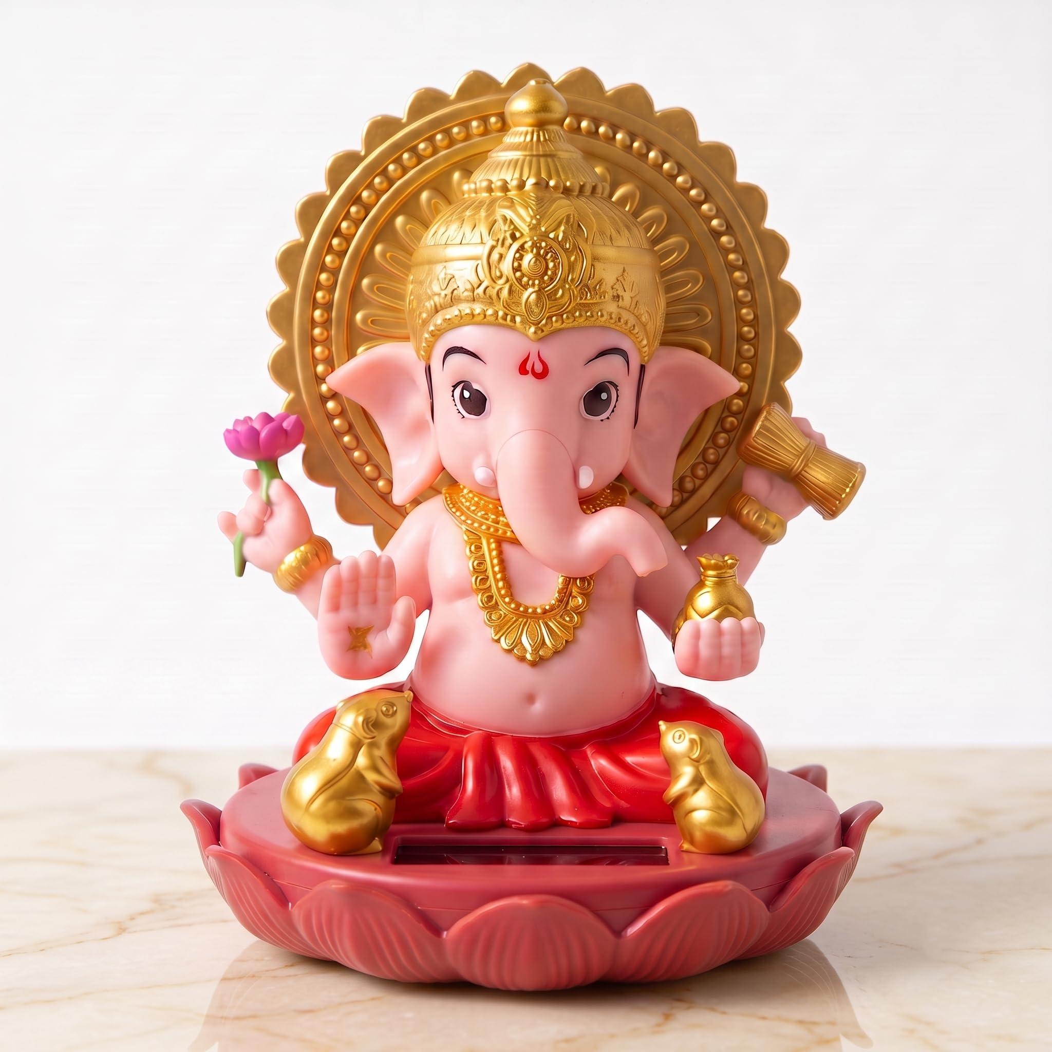 Blissful Solar Moving Lord Ganesha Idol Statue Ganpati Murti for Car GoodLuck Office Home Decorative Showpiece - 11 cm (Plastic, Crystal, Gold, Red)