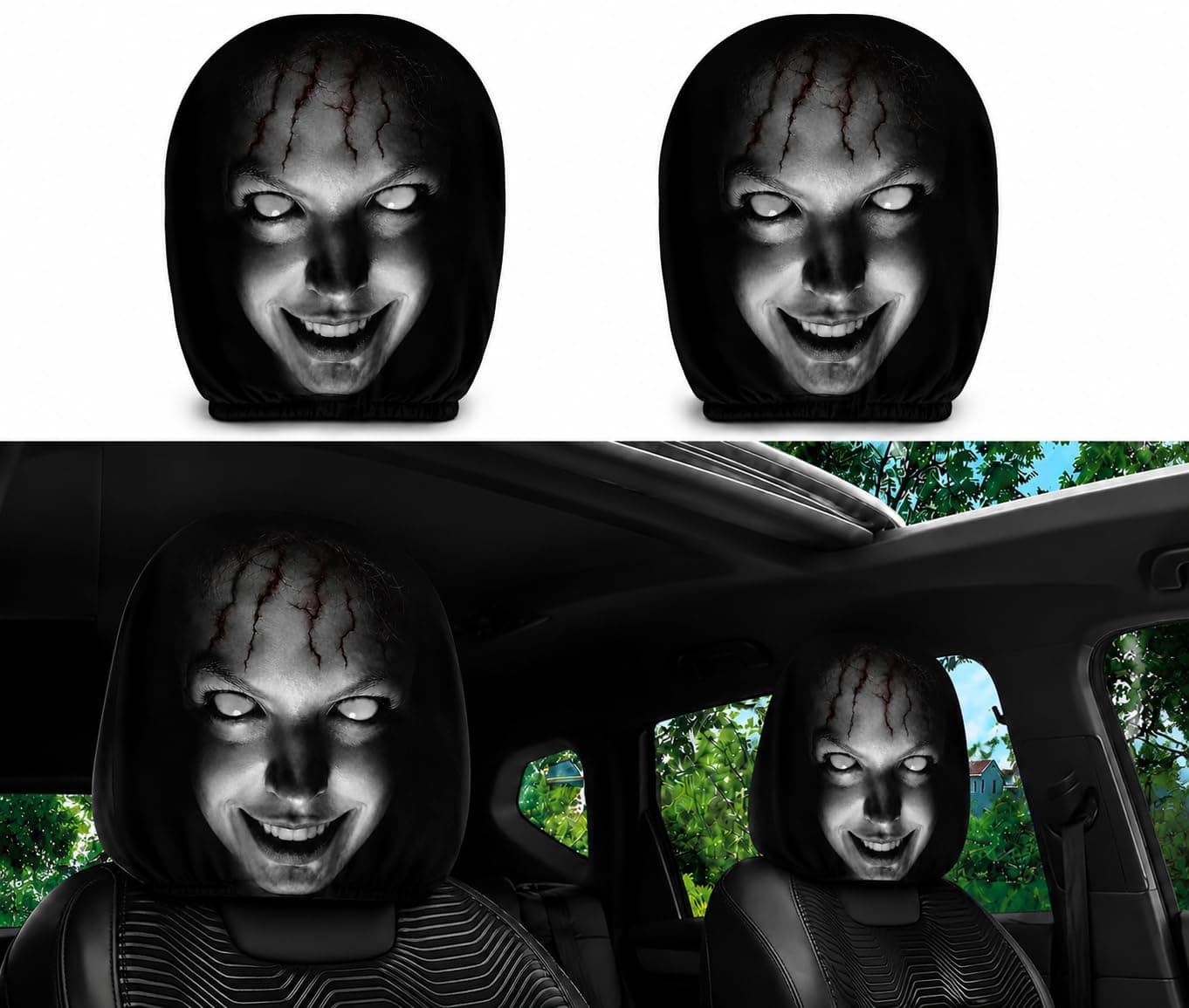 Universal Pack of Car Headrest Covers, Ghost Face Headrest Covers, Scary Covers for Cars,Stretchy Seat Headrest Protector, Funny Cover for Auto,Vehicle,Truck,SUV, Washable Elastic Fabric