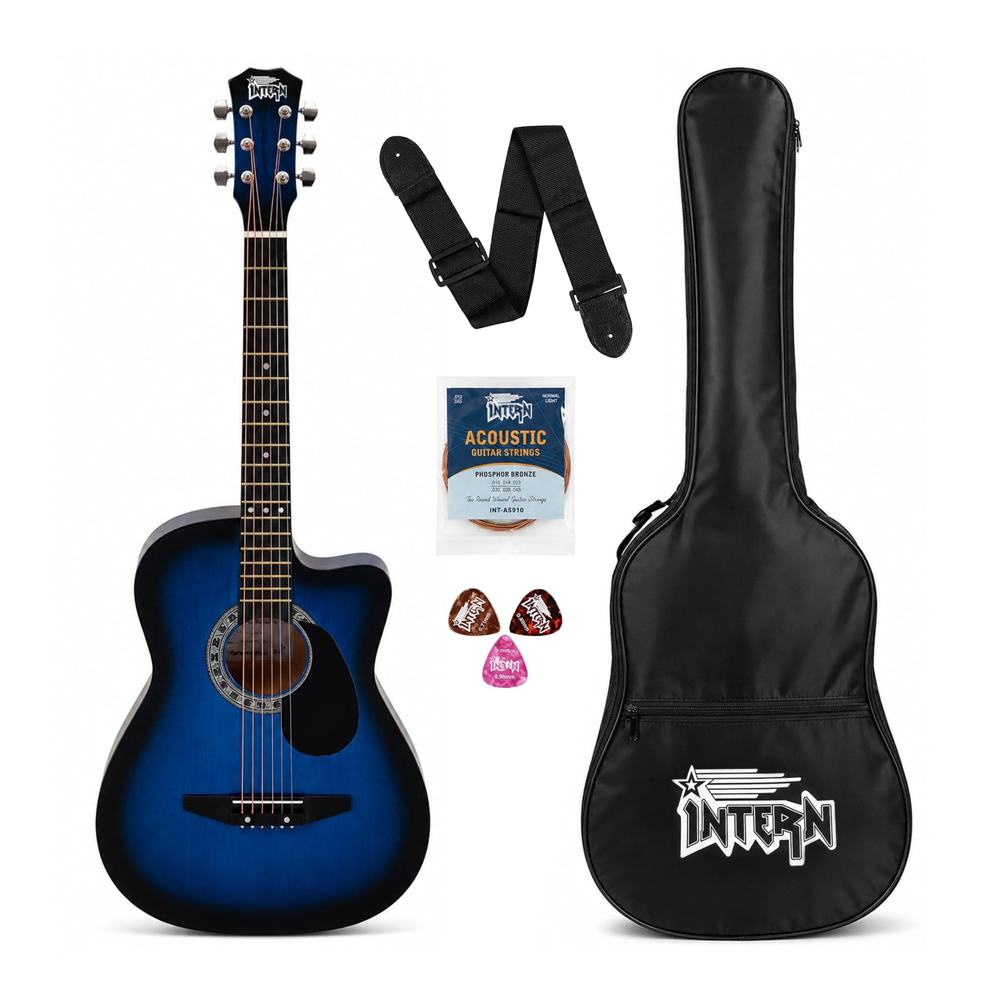 Intern Right hand Acoustic Guitar Kit, With Bag, Strings, Pick, Strap and String Winder (BLUE, GLOSSY)