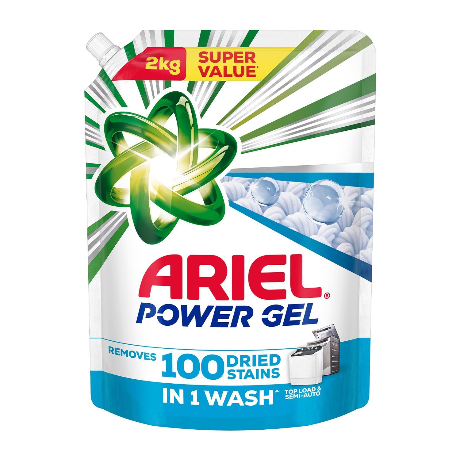 Ariel Power Gel Liquid Detergent for Top Load & Semi Auto – 2kg | Removes 100 Dried Stains in 1 Wash | Faster Dissolving | Long-Lasting Fragrance | Color Protection | At the price of Powders