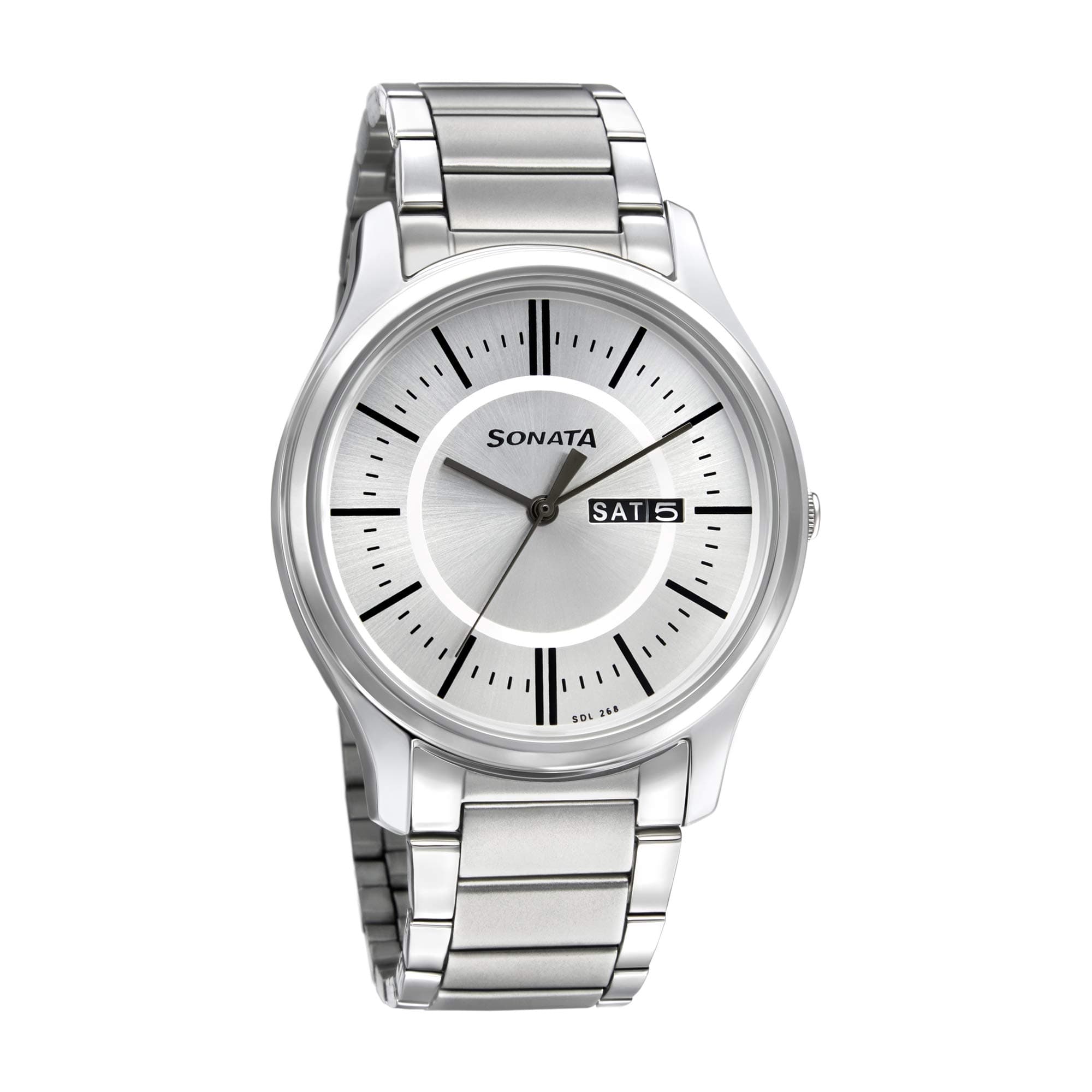 Sonata Essentials Quartz Analog with Day and Date Silver Dial Silver Stainless Steel Strap Watch for Men - NT77082SM02W